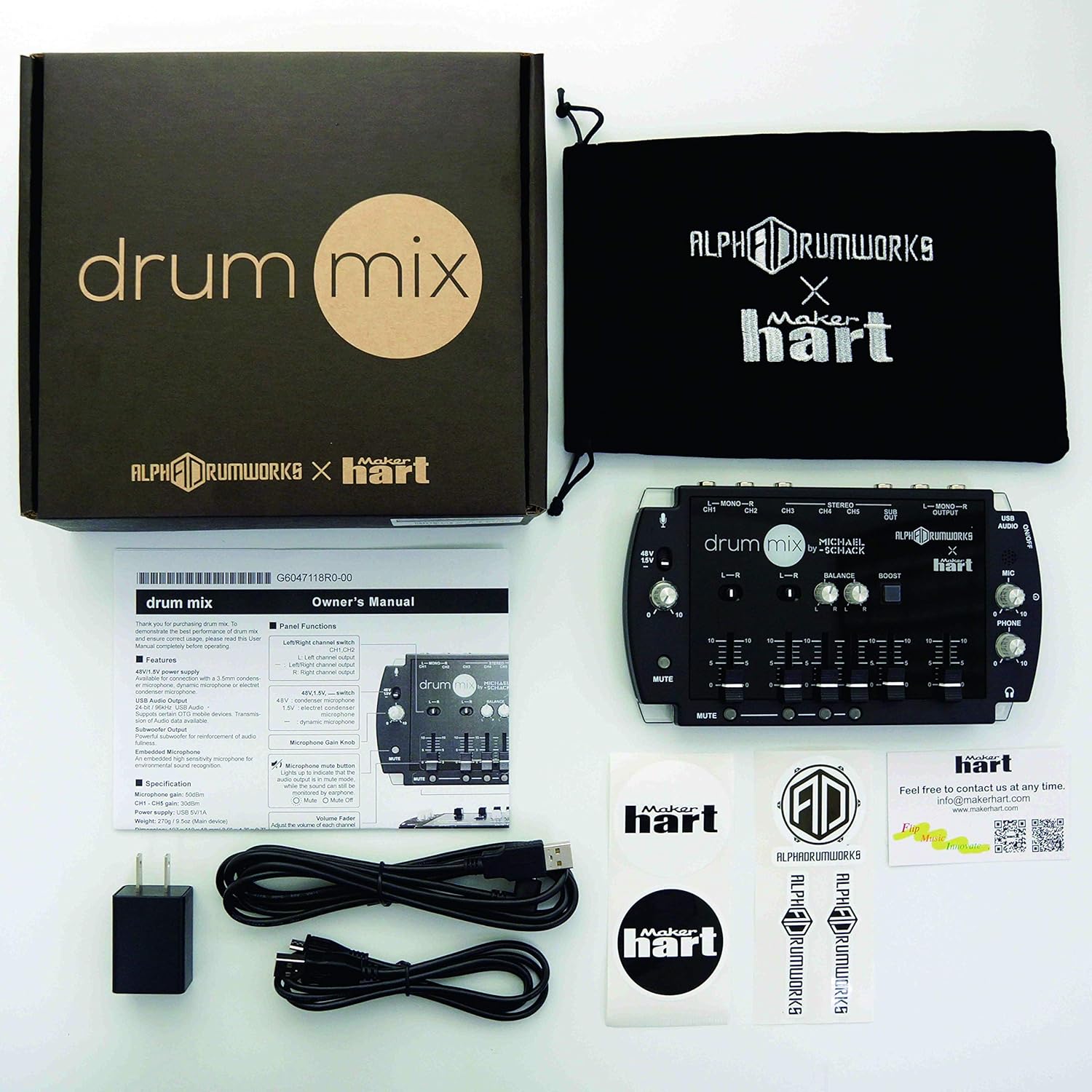 Maker hart Drum Mixer Compact 6 Ch Multitrack Audio IN/3.5mm Stereo/6.3mm Mono L/R/Mic IN/USB Audio out/Build in MIC