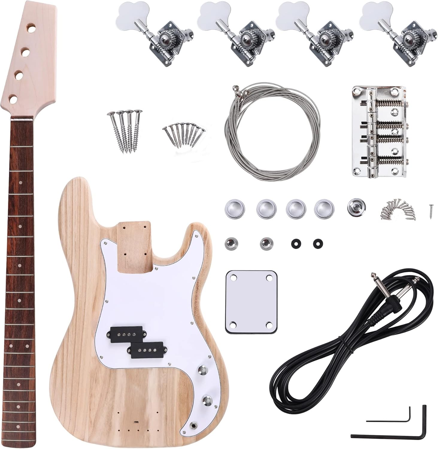 TSTS DIY Bass Guitar Kit with Paulownia Body, Pickguard, Electronics, Maple Guitar Neck & Rosewood Guitar DIY Accessory