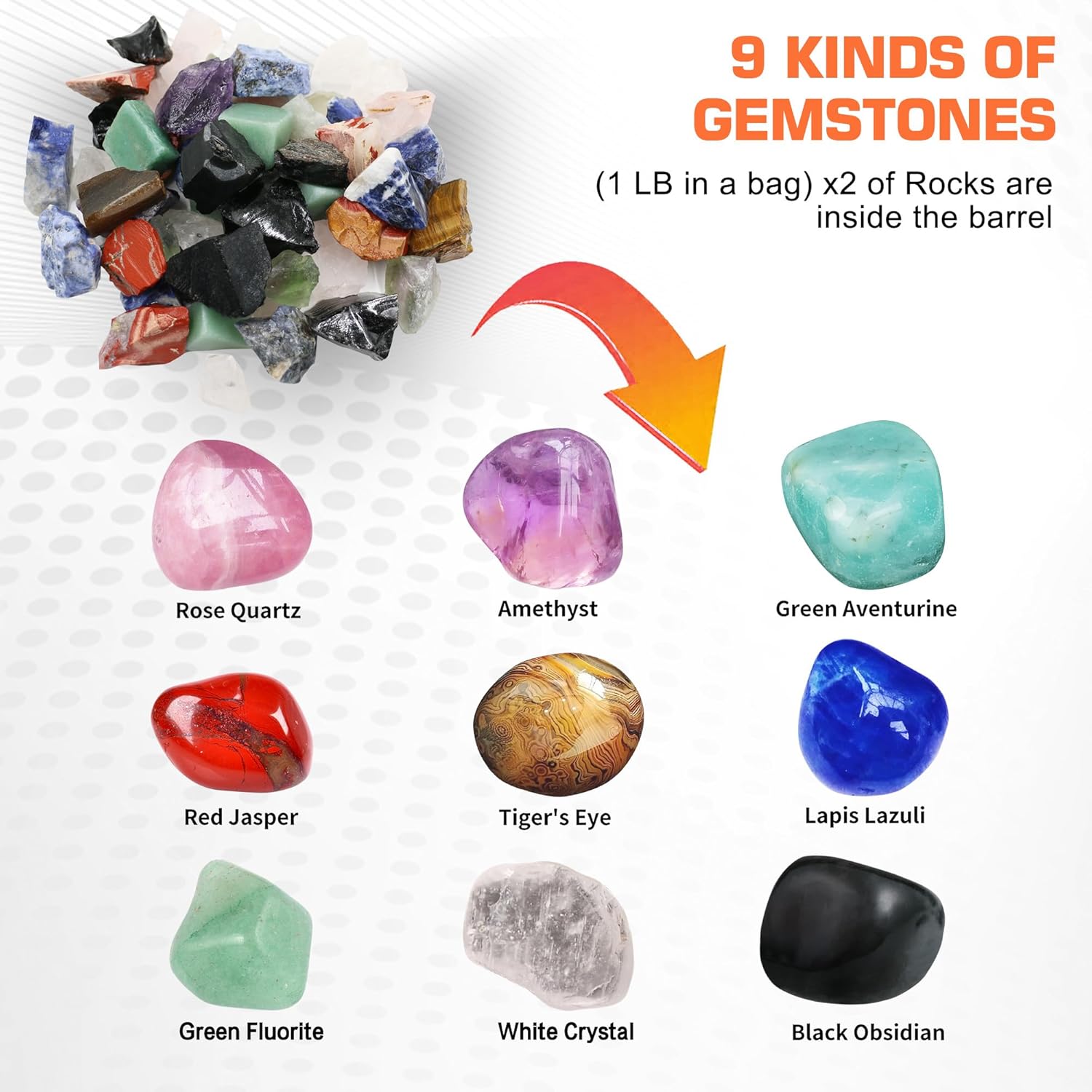 Professional Rock Tumbler Kit - Double Drum 6LB Lapidary Polisher for Adults (Double Barrel), Includes Rough Gemstones, 8 Polishing Grits, Jewelry, Learning Guide, Great Stem Science Kit