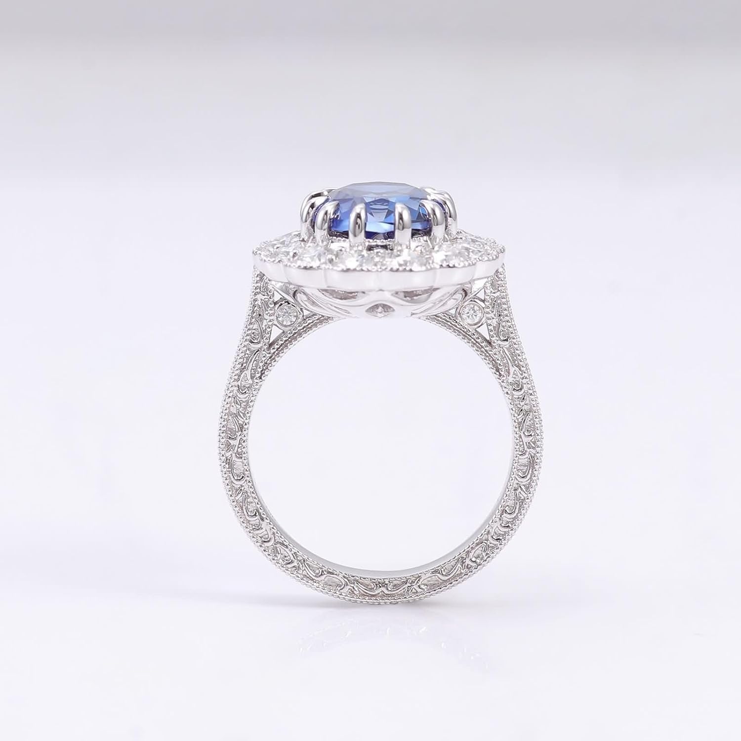 Flower Ring Women, Engagement Ring Vintage Created Sapphire Silver Band 9K White Gold for Wedding