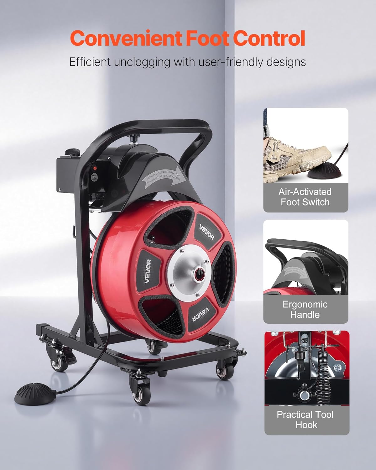 VEVOR Drain Cleaner Machine 50 FT x 1/2 Inch, Manual Feed Sewer Snake Auger on Wheels - with 4 Cutters & Air-activated Foot Switch for 2