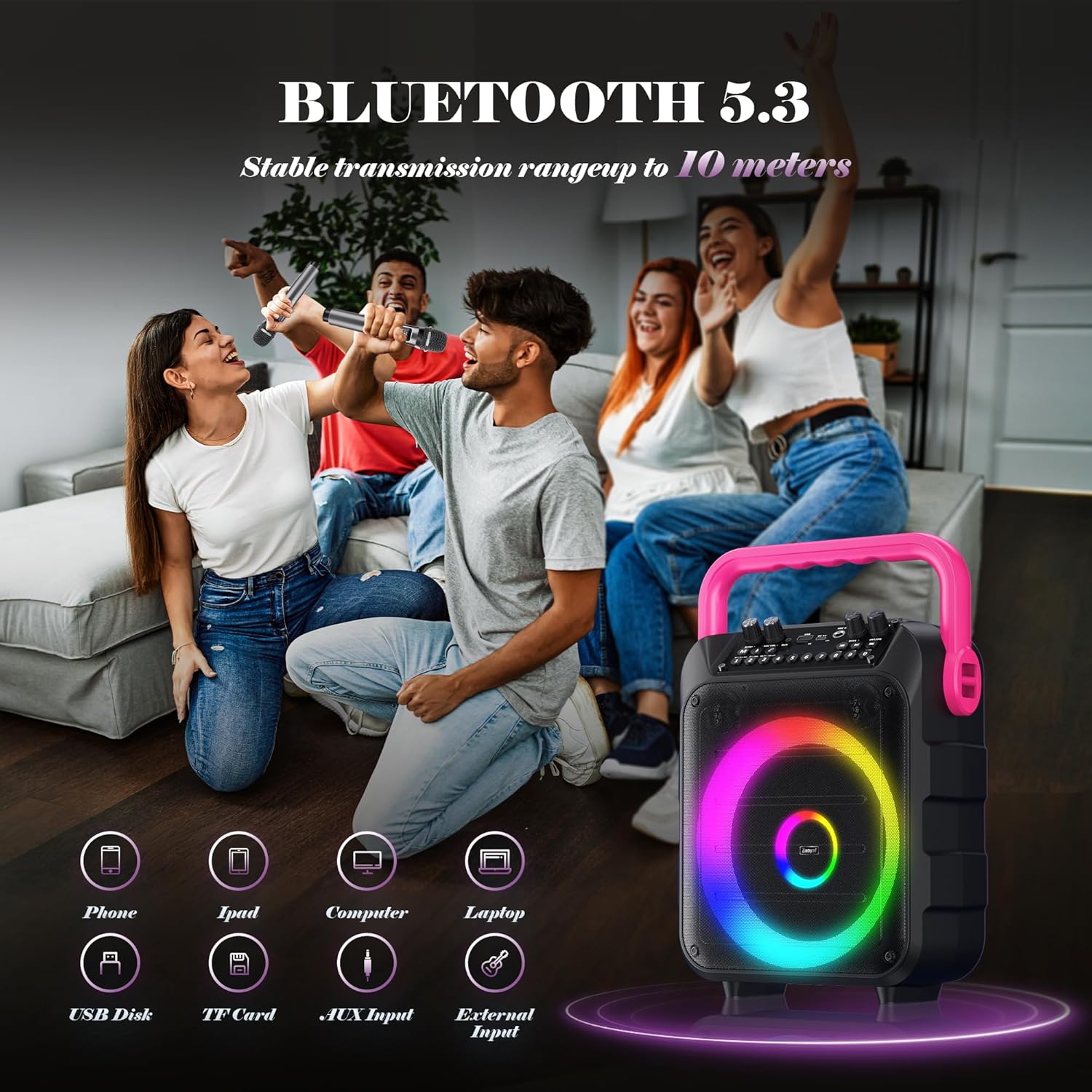 Karaoke Machine for Adults & Kids, 5.3 Bluetooth Speaker Portable with 2 Wireless Microphones, Bass/Treble Adjustment, Remote and LED Light, Support REC/FM/AUX/USB/TF for Home Party, Blackpink