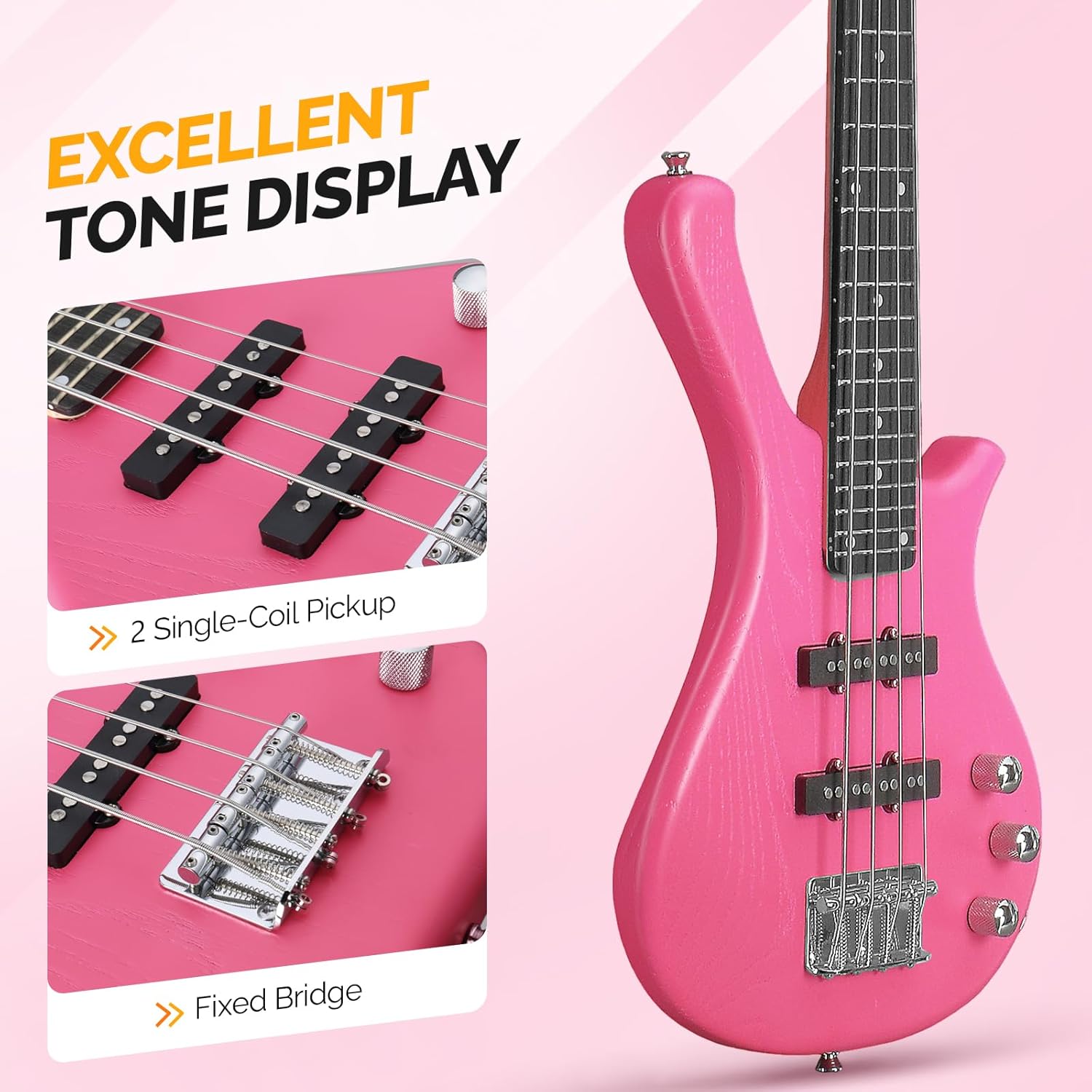 GLARRY 4 String Electric Bass Guitar, 36-inch Bass Guitar Beginner Kit with Cable, Strap and Bag for All Skill Level, Adults,Travel (Pink)