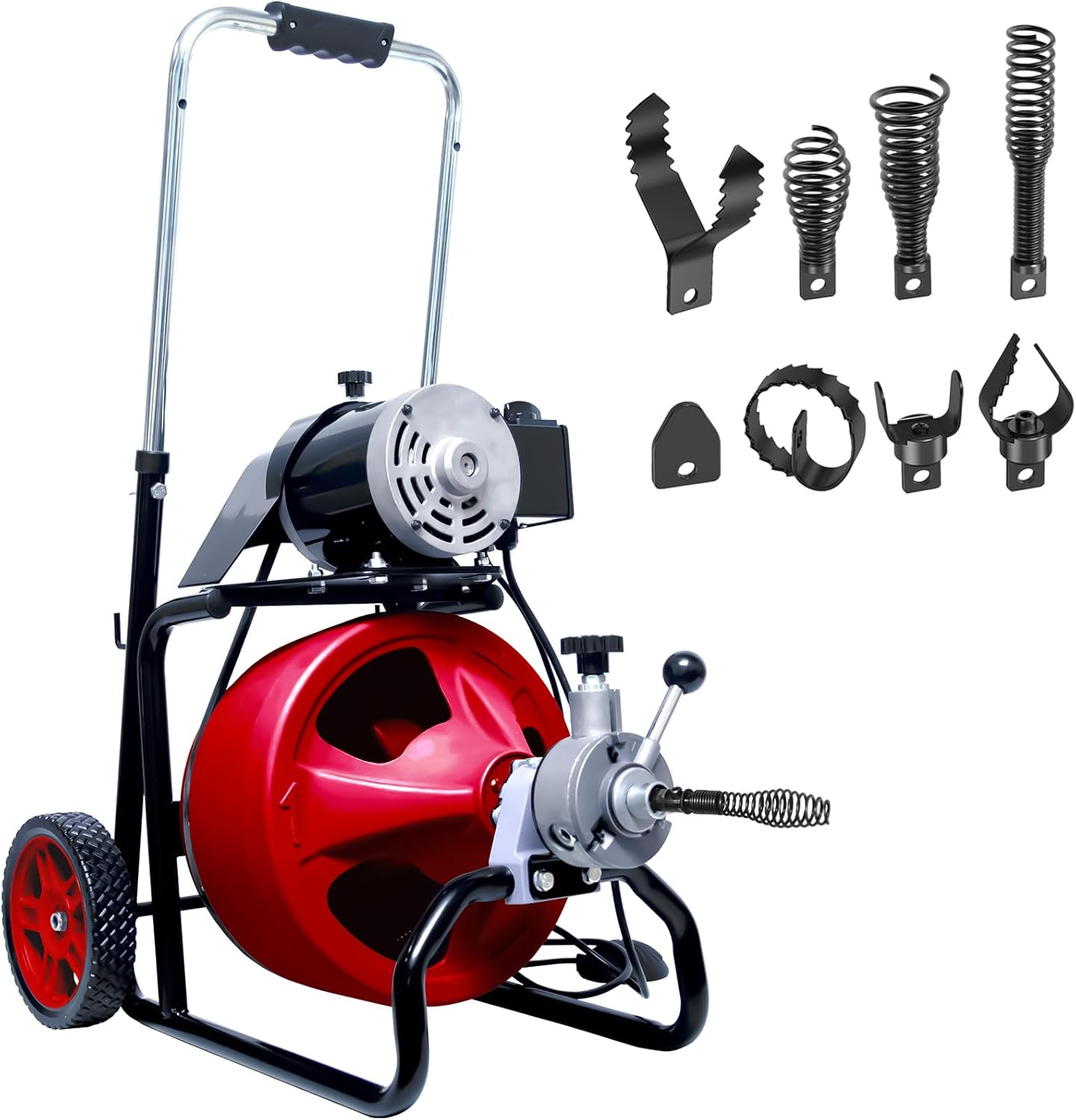 Drain Auger Cleaner 50 FT x 3/8 Inch, Sewer Snake Auto Feed, Drain Cleaning Machine with 8 Cutter & Air-Activated Foot Switch for 1