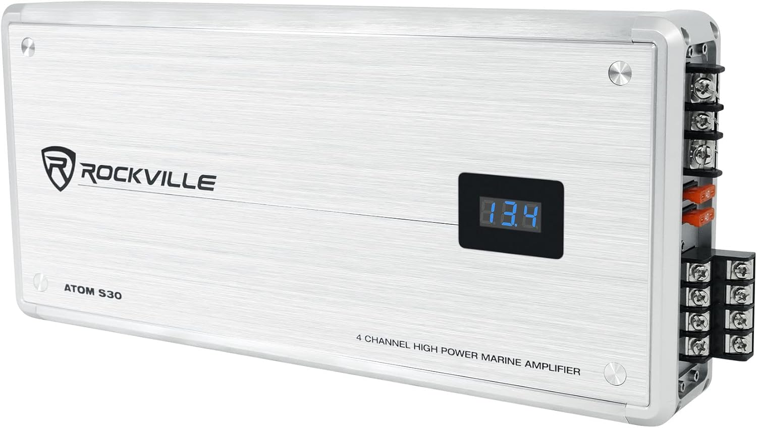 Rockville Atom S30 2400W 4-Channel Marine Amplifier 2/4 Ohm, Voltmeter, PA Mic, for Boats and Marine Audio Systems