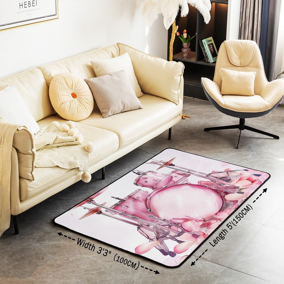 Drum Kit Rug 5x6'6'',Rock Music Themed Decorative Area Rug for Women Adults Men Teens,Rose Flowers Pink Non Slip Washable Decor Carpet for Indoor Outdoor