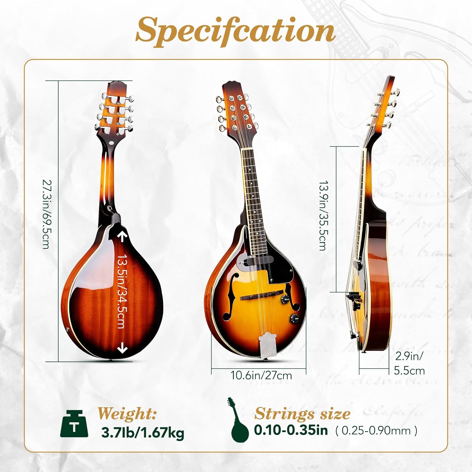 Mandolin Musical Instrument A Style Acoustic Electric, 8 Strings Mahogany for Beginner Adults Teens