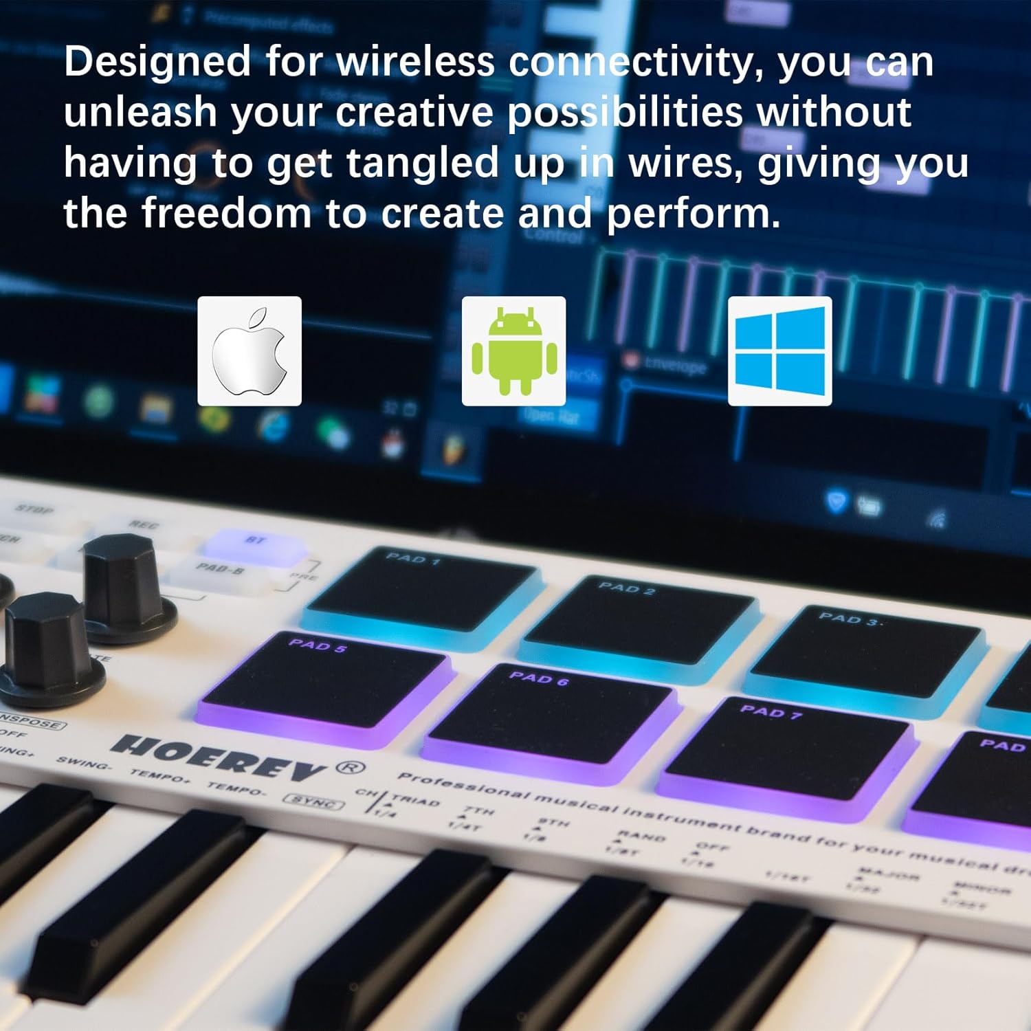 HOEREV MIDI Keyboard Controller With 8 Backlit Drum Pads, Wireless Semi Weighted Professional dynamic Keybed 8 Knobs 25 Keys USB With Lithium Battery,Black