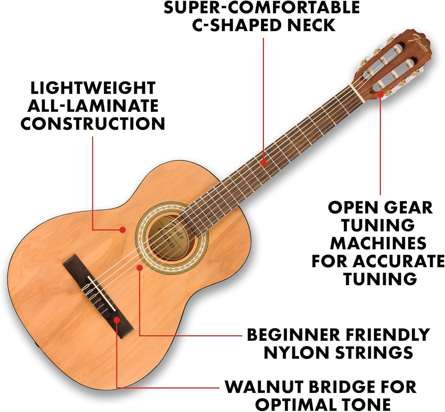 Fender FA-25N 3/4 Size Nylon String Acoustic Guitar, Beginner Guitar, with 2-Year Warranty, Perfect Beginner Guitar for Kids that is Easy on Fingers, Includes 3 Months of Free Lessons, Natural