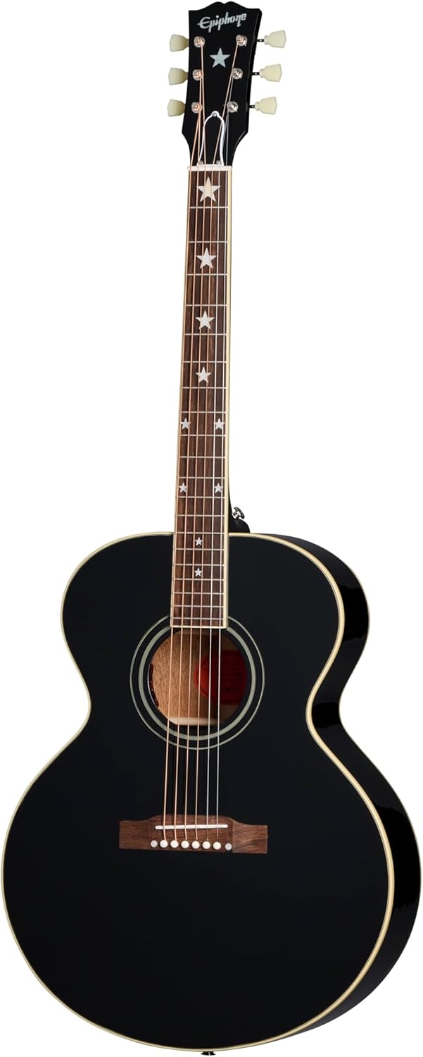 Epiphone Inspired by Gibson Custom J-180 Long Scale Acoustic Electric Jumbo, Ebony with Hard Case