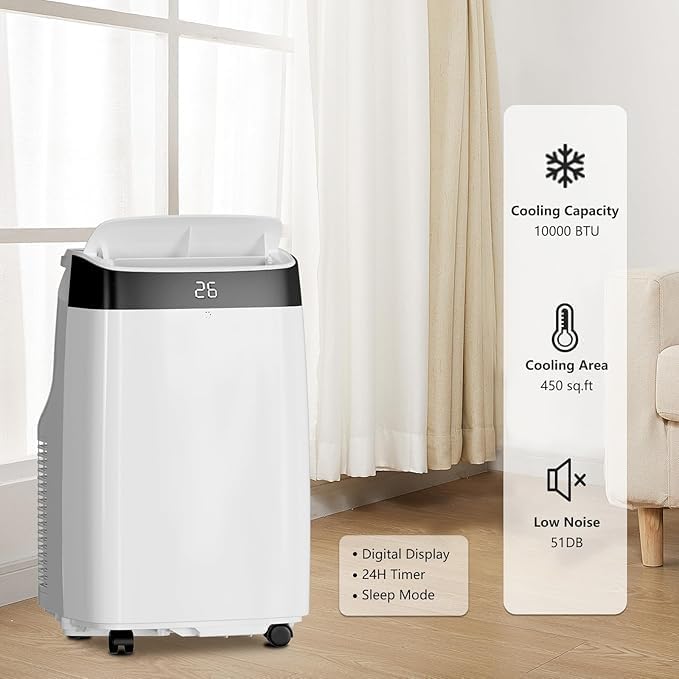 10,000 BTU Portable Air Conditioner, Cools Rooms Up to 450 Sq.Ft, 3-In-1 Floor AC Unit With Dehumidifier & Fan Modes, 24H Timer, Remote Control & Window Kit, Quiet Operation for Bedroom, Office, Home