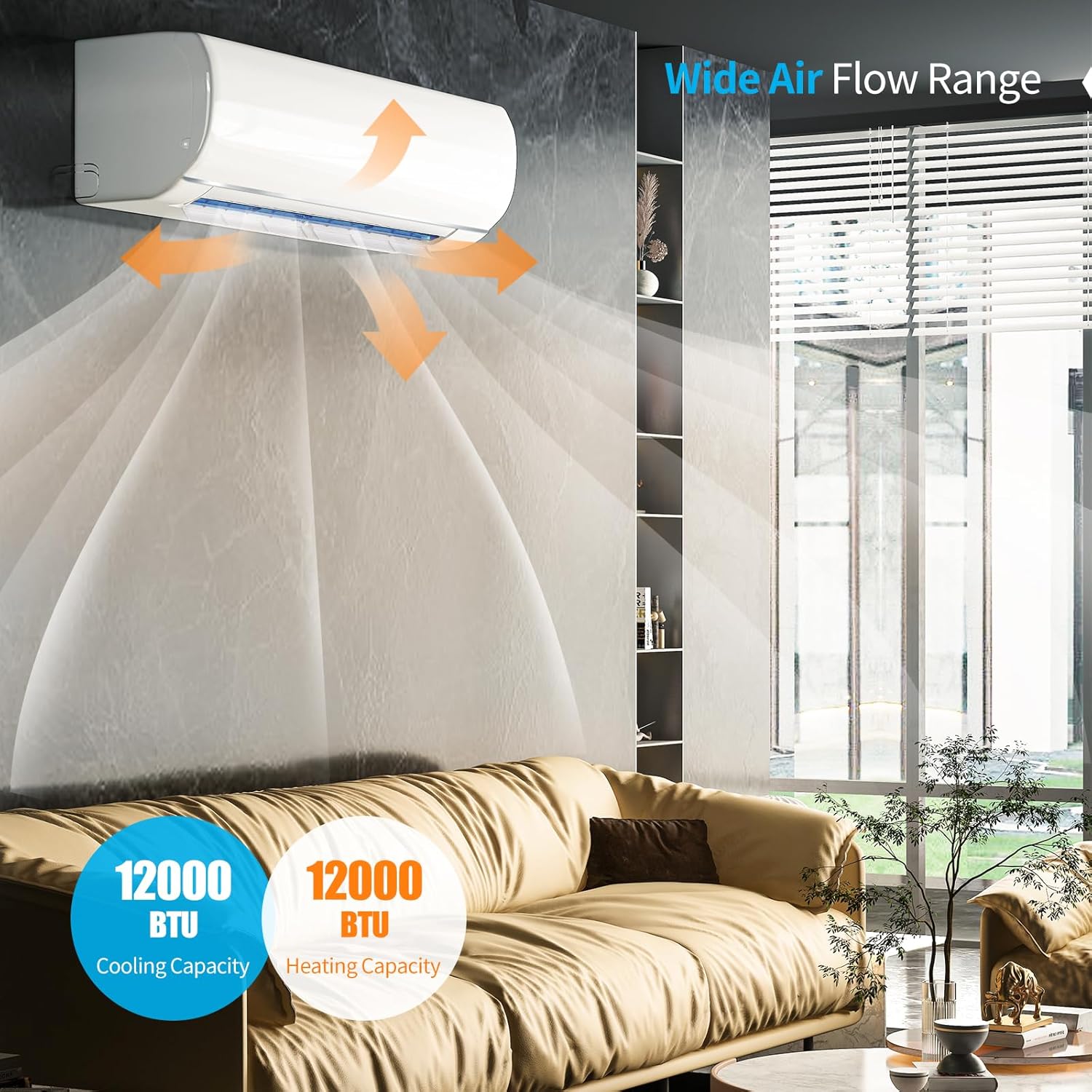 TABU 12000BTU Mini Split Air Conditioner with Heater, 110-120V 19 SEER2 Wall-Mounted Ductless AC& Heat Pump, Energy Saving, Inverter, WIFI Enabled,Cools Rooms up to 750 Sq.Ft