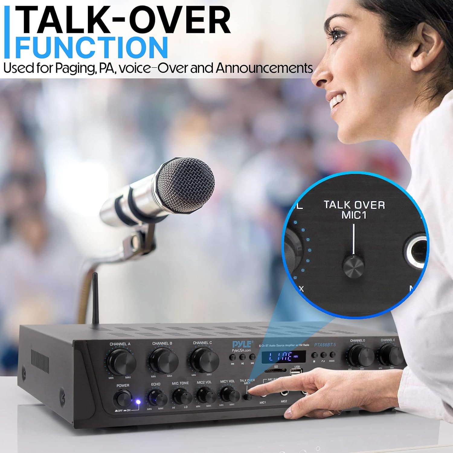 Pyle Wireless Home Audio Amplifier System Bluetooth Compatible Sound Stereo Receiver Amp - 6Channel 600Watt Power, Digital LCD, Headphone Jack, 1/4'' Microphone in USB SD AUX RCA FM Radio- PTA66BT.5