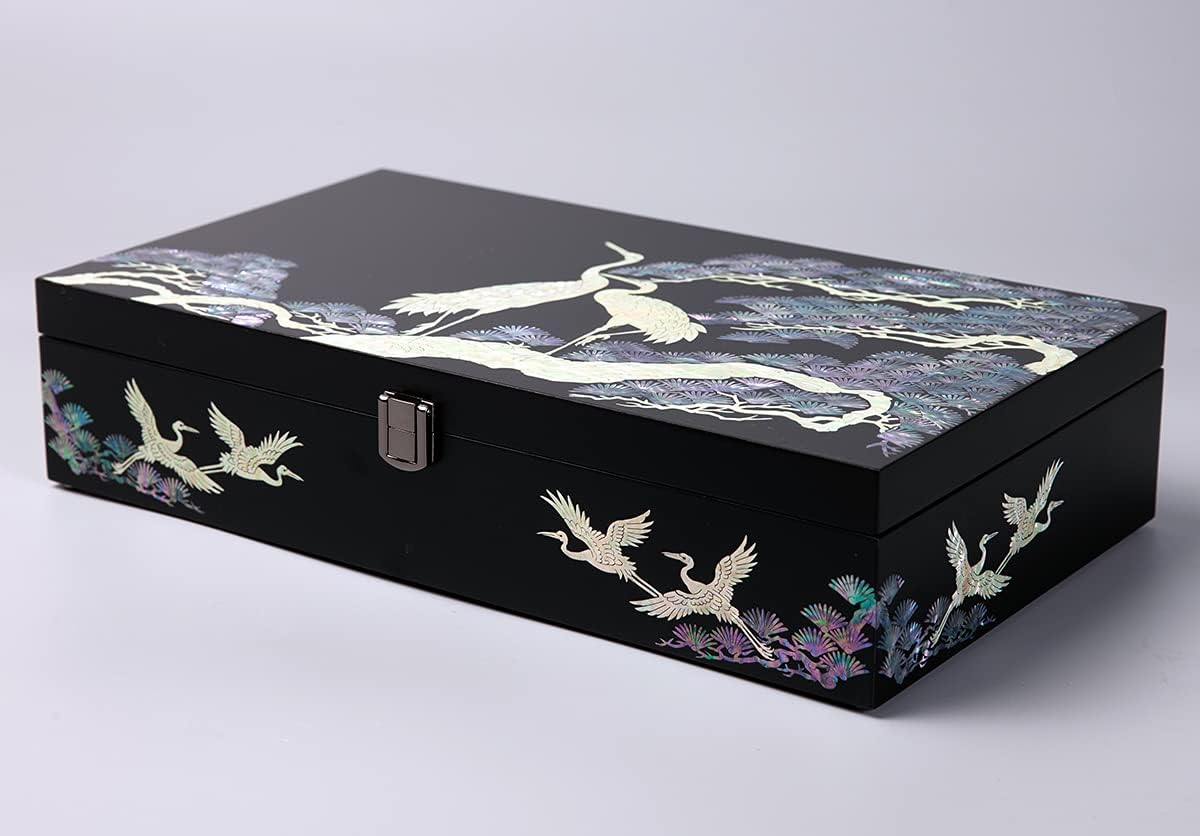 Antique Alive Mother of Pearl Wood Sunglasses Box Eyeglasses Valet Display Storage Case for Glasses, Watches, Jewelry, Trinkets Wooden Accessory Organizer Gift (Crane & Pine Black)