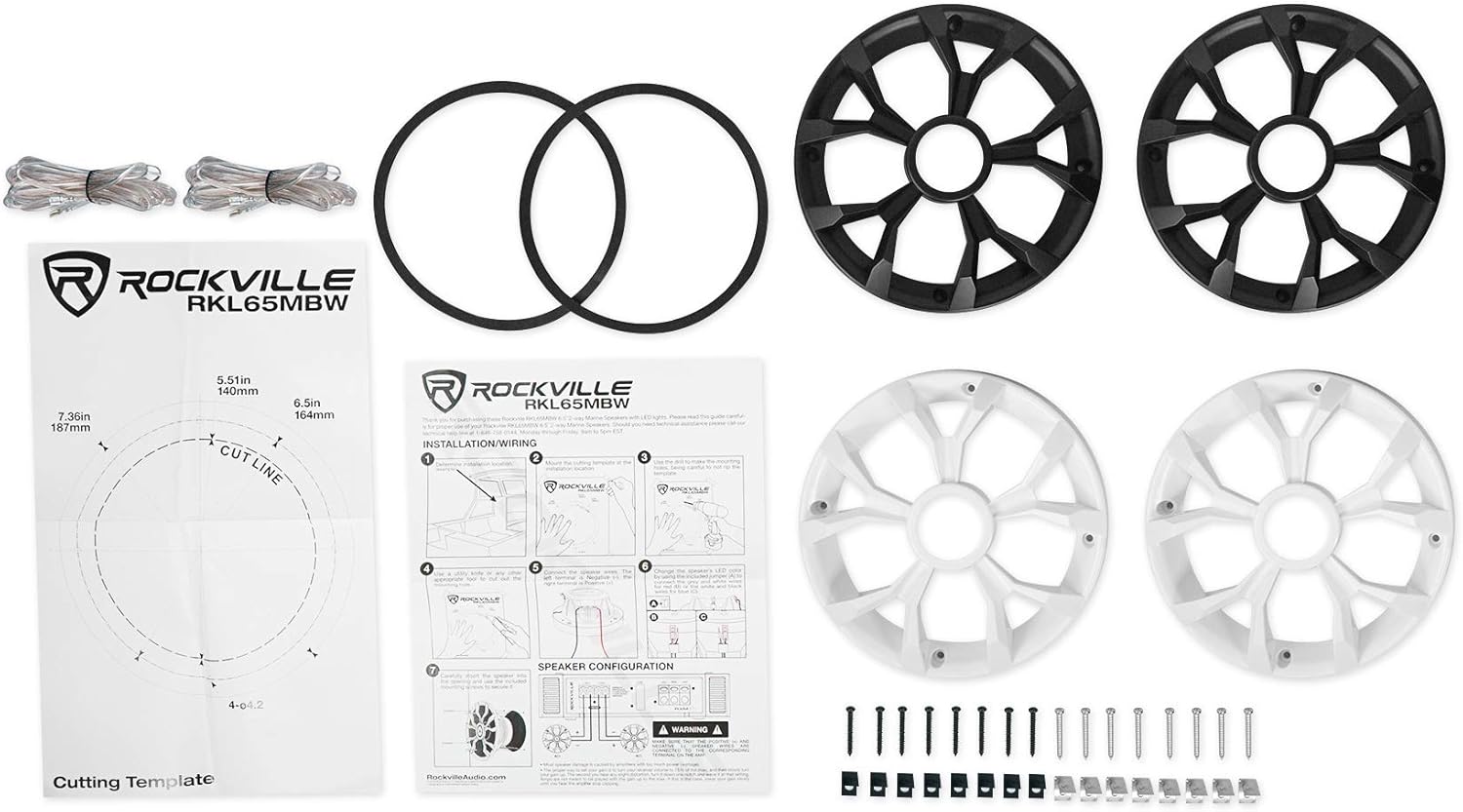 Rockville RKL65MBW 700-Watt 6.5 in Marine Boat Speakers with LED Lights, Black and White Grilles, IP66 Waterproof, UV Resistant, Rustproof Design for Boats and Outdoor Audio, 4-Piece
