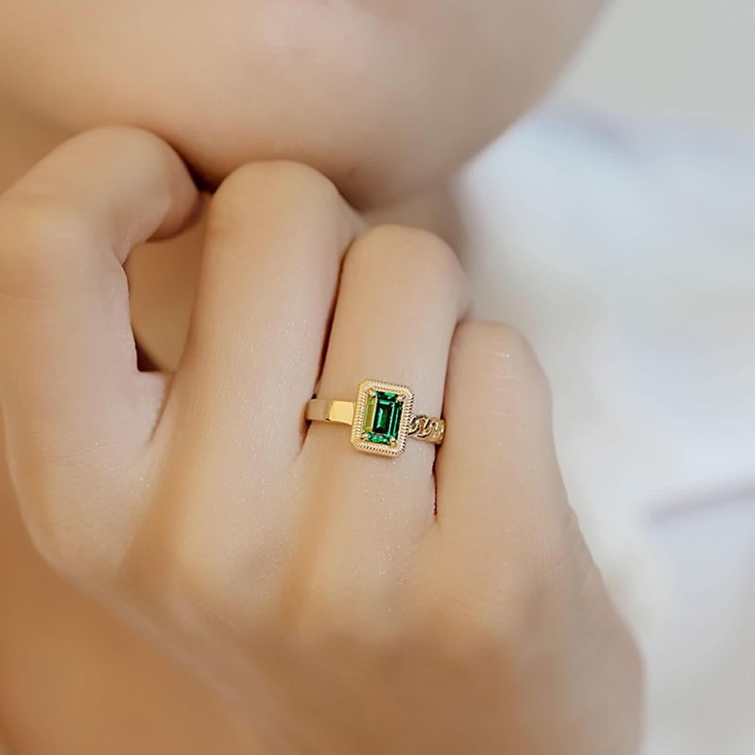 14K Yellow Gold Rings for Women, Simple Rings Tsavorite Rectangle Gold Band Birthday Gift for Her