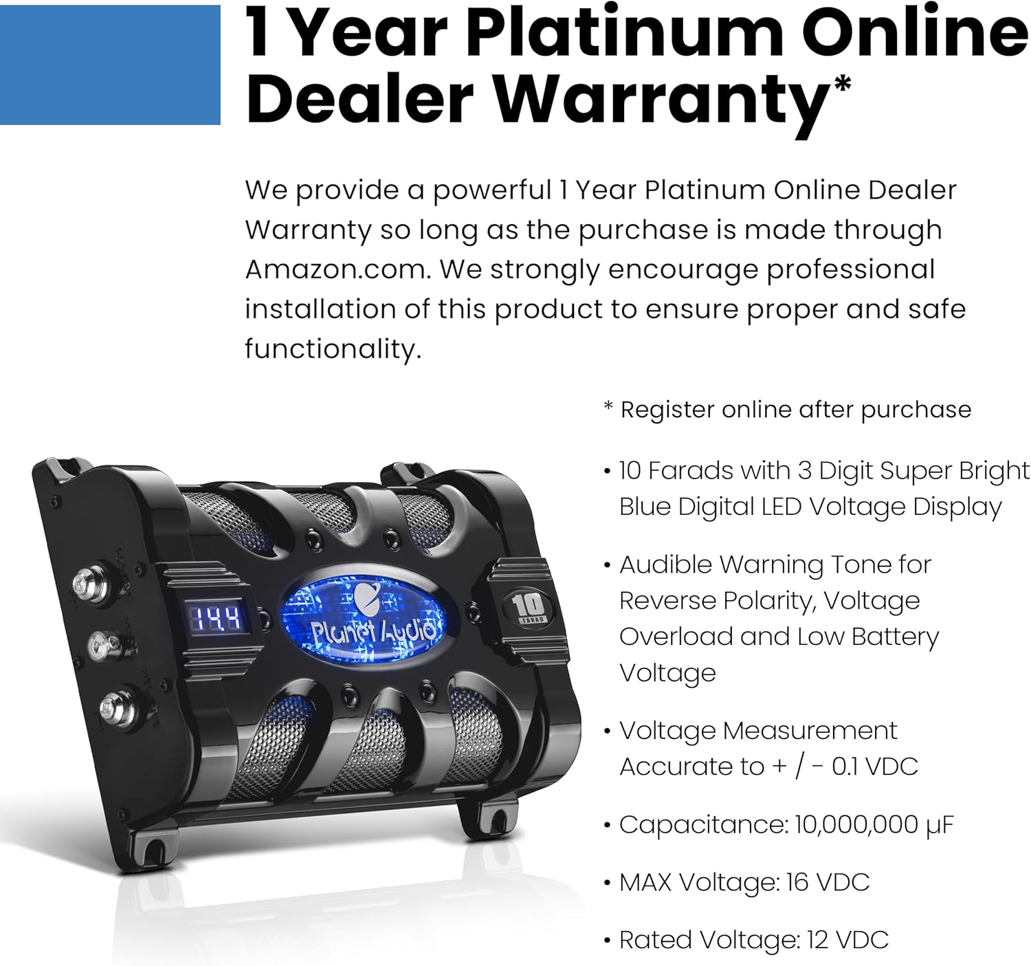 Planet Audio PC10F Car Capacitor - 10 Farad, Energy Storage, Enhance Bass from Stereo, Warning Tones, LED Voltage Meter