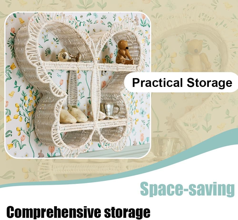 Natural Rattan Floating Shelves, Papillon Shape Book Shelf, Wicker Floating Shelves for Wall, Multi-Purpose Shelves for Living Room, Bedroom, Study(Natural)