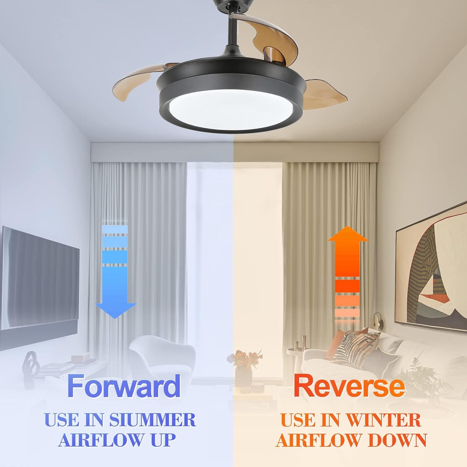 Bella Depot Retractable Ceiling Fan with Lights and Remote with 3 Color Change, Timing Options, Silent Noiseless for Dining Room Bedroom Kitchen (Classic Black, 36