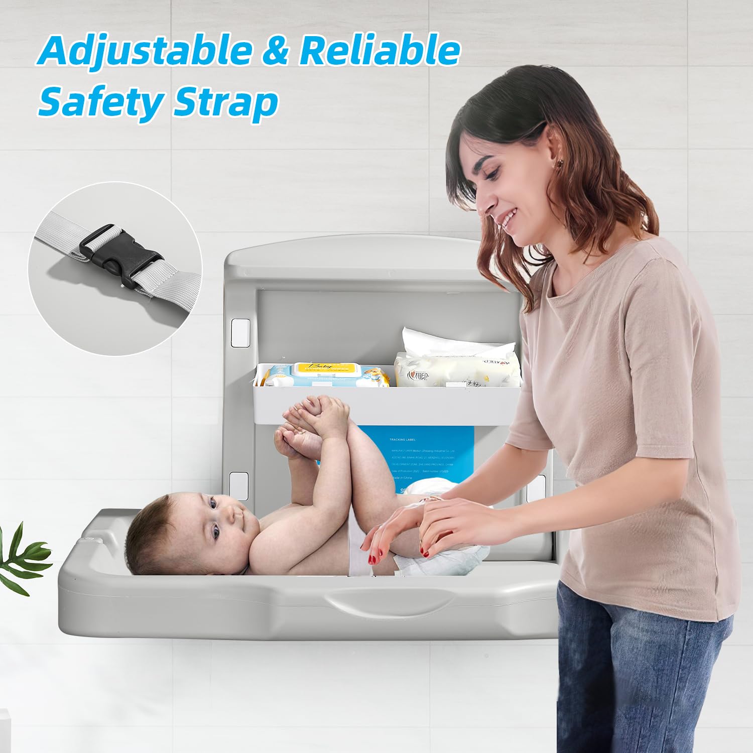 Fold-Down Baby Changing Diaper Station - Horizontal Wall Mounted, Sturdy & Durable with Safety Straps for Commercial Bathrooms, Granite
