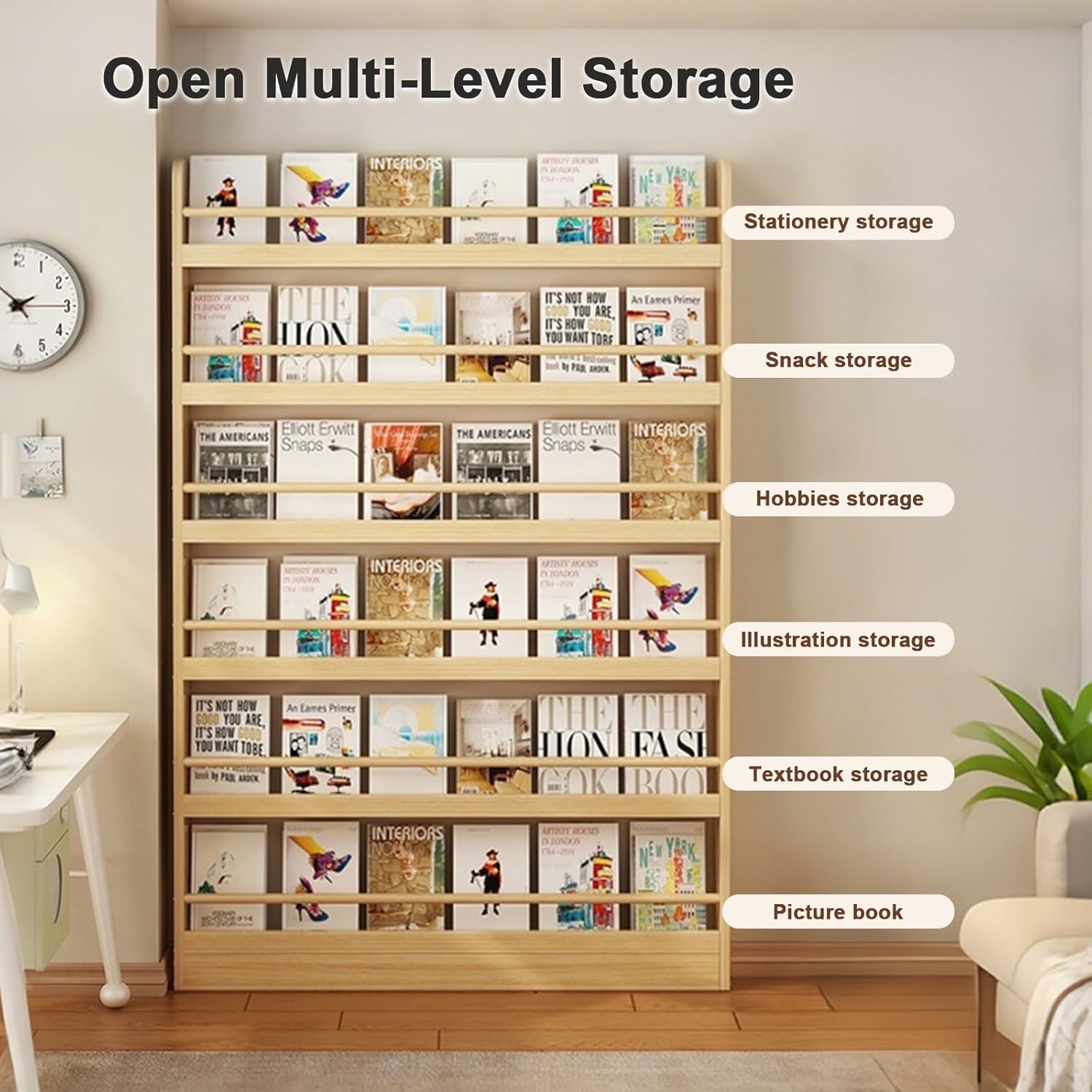 Behind The Door Bookshelf, 3-6 Tier Wooden Bookcases, Open Display Storage, Space-Saving, Wall Mount Shelf, for Books in Bedroom, Living Room 4F 100cm