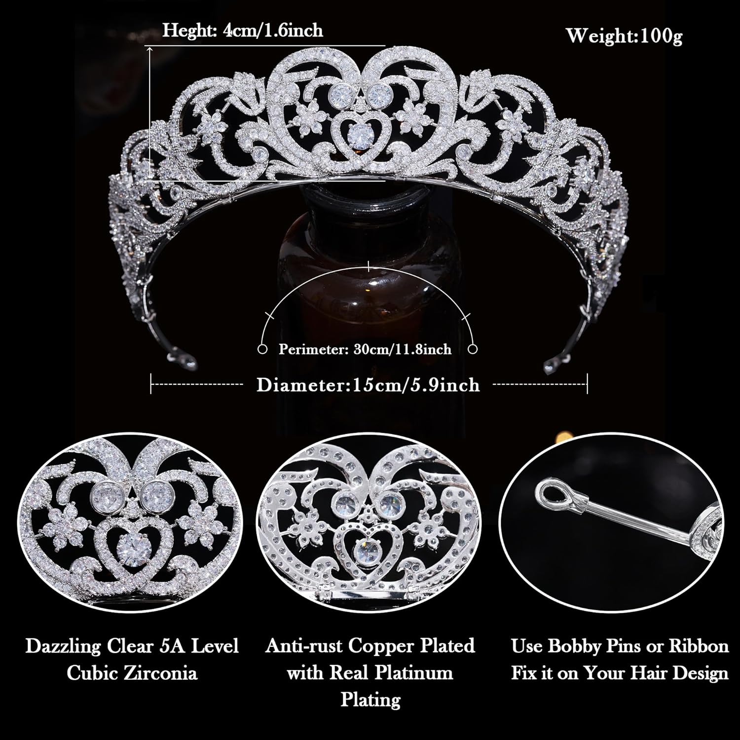 Aoligrace CZ Princess Diana Wedding Crowns for Bridal Spencer Replica Tiaras for Women Cubic Zirconia Prom Headpiece Sweet 16 Hair Accessories