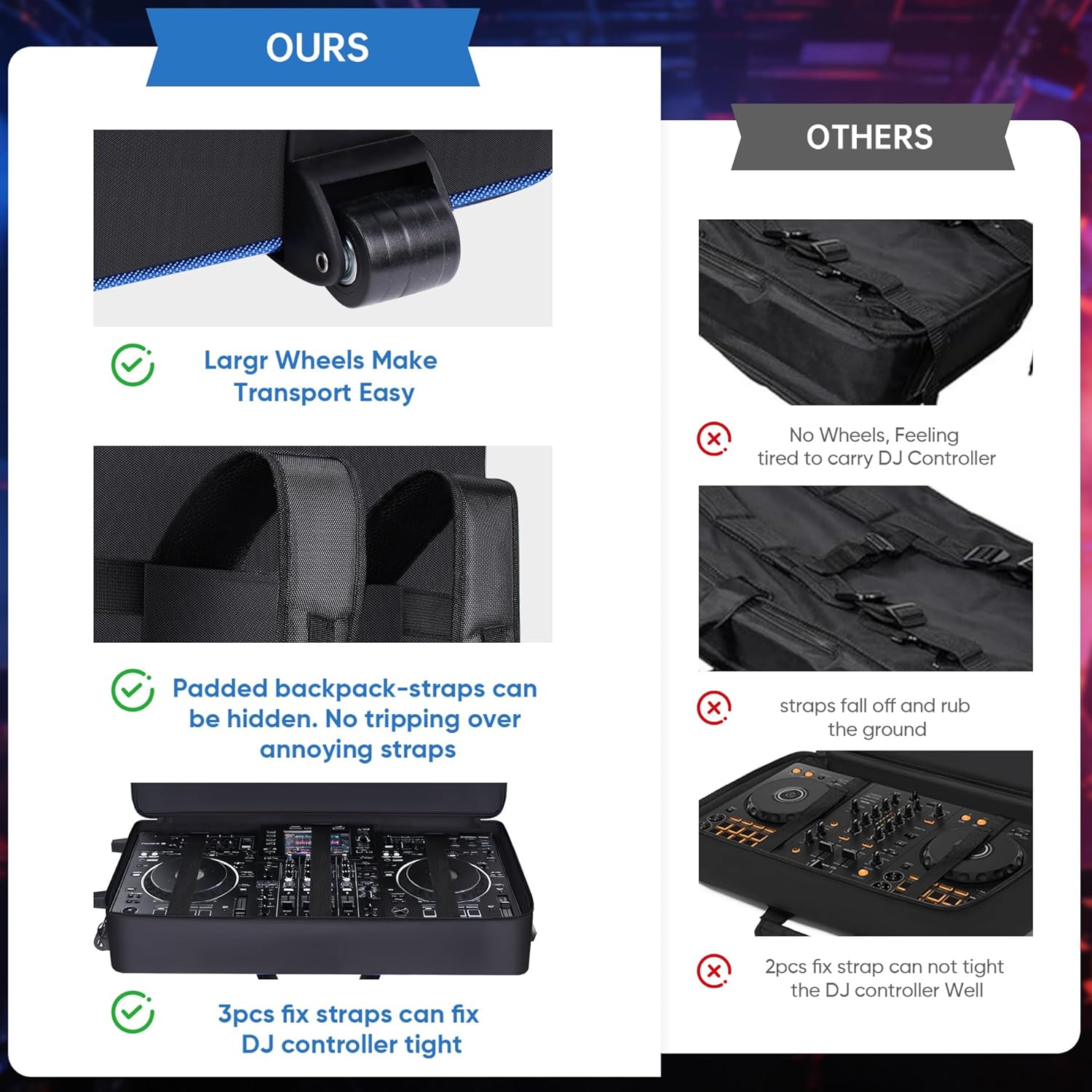 DJ Controller Case with Wheels Compatible with XDJ-AZ/XDJ-XZ/DDJ-SZ/RZ, Rolling DJ Travel Gig Bag with 10MM Soft Padded & Multi-pocket for DJ Controller & Accessories (with Wheels)