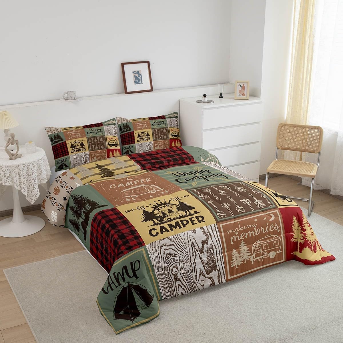 Erosebridal Retro Camper Quilt Set Happy Camping King Bedding Set for Kids Adults,Rv Camping Accessories Comforter Set for Travel Trailers Campers,Vintage Rustic Buffalo Plaid Bed Set 3 Pcs