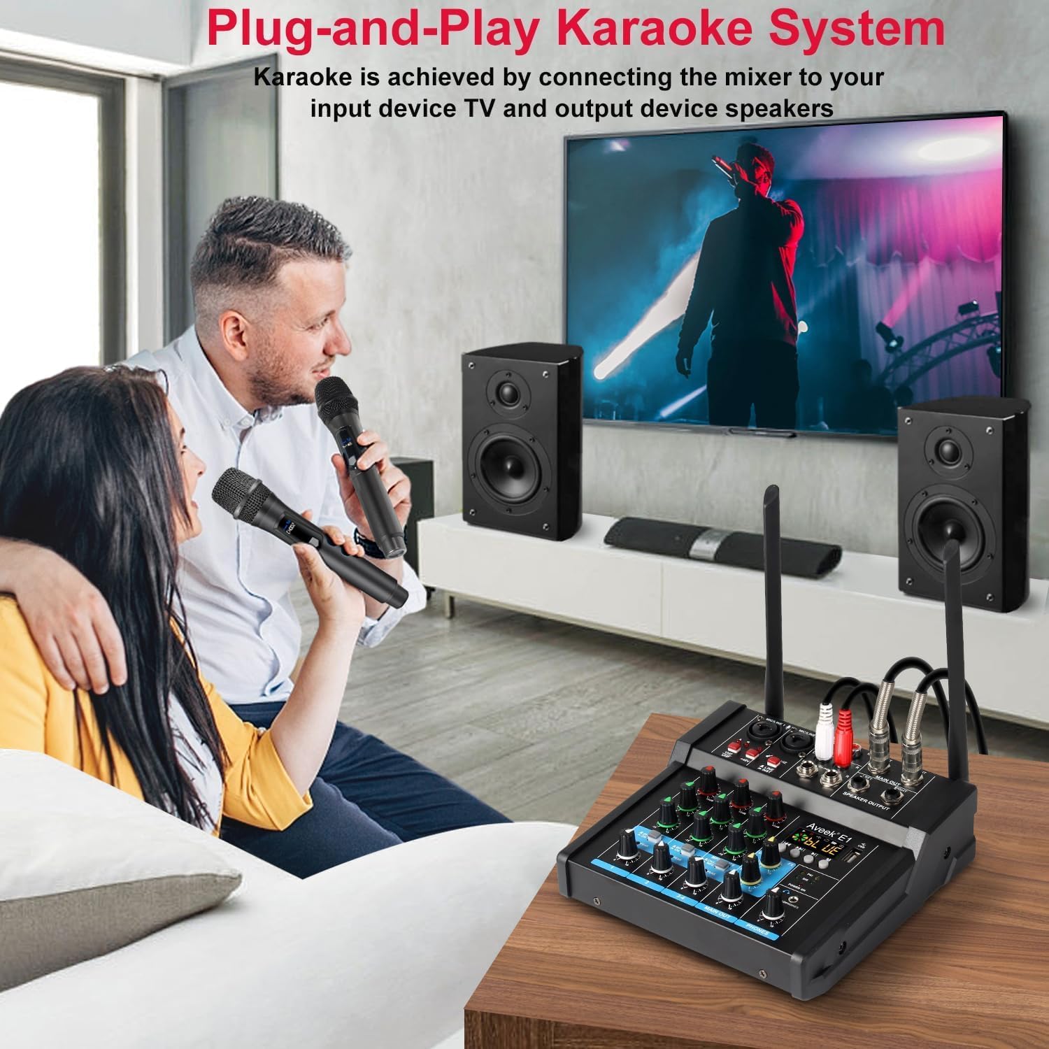 Aveek 150W x2 Powered Amplifier Audio Mixer,4 Channel with Dual Wireless Mic Sound Board Console MP3 Digital USB Bluetooth Computer Input 48V Phantom Power Stereo DJ Mixing for Karaoke Party