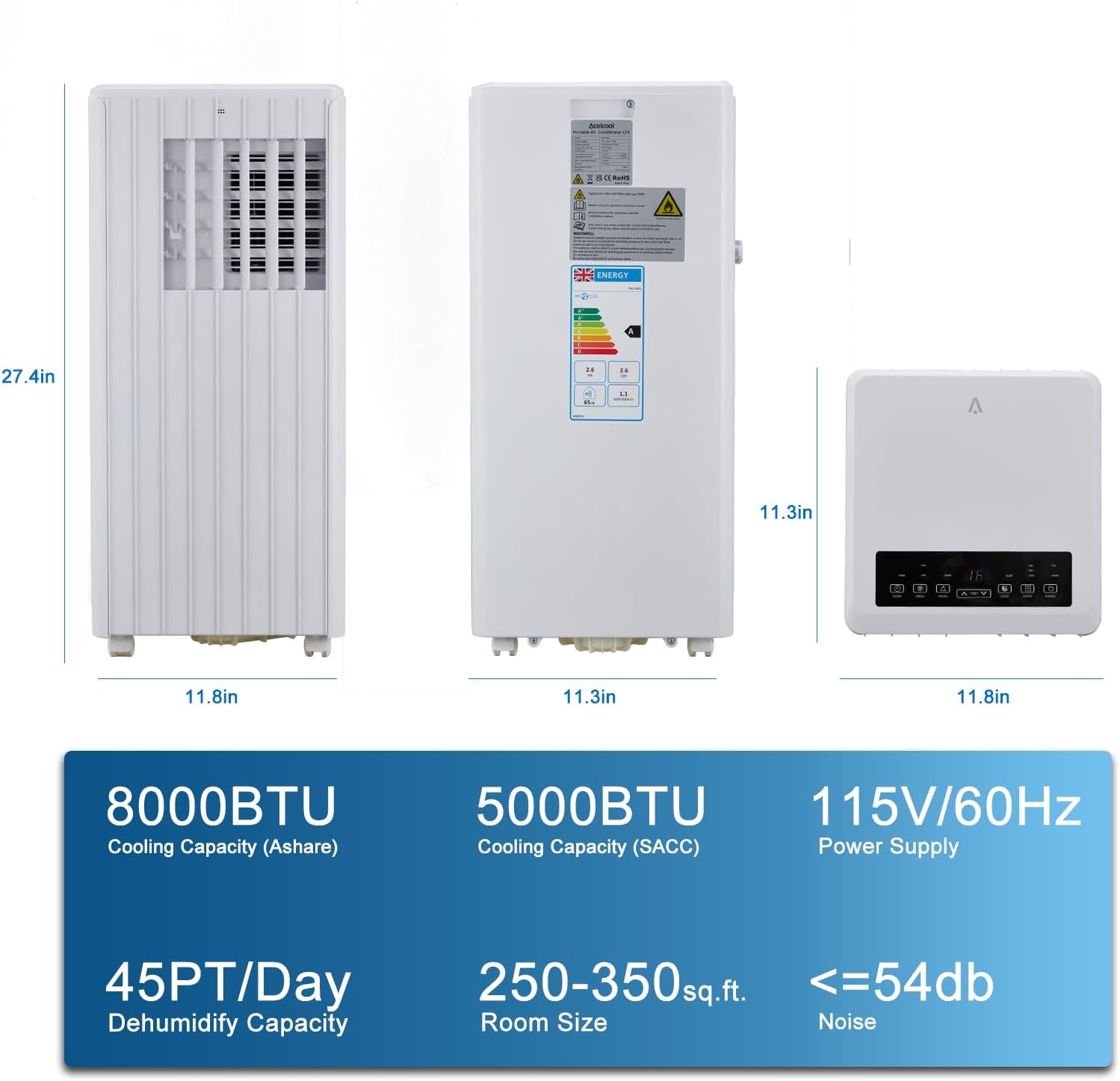 Portable Air Conditioner | 8,000 Btu for Large Rooms Up to 350 Sq. Ft. | 3 Modes, Remote Control, and Installation Kit Included | Ideal for Cooling