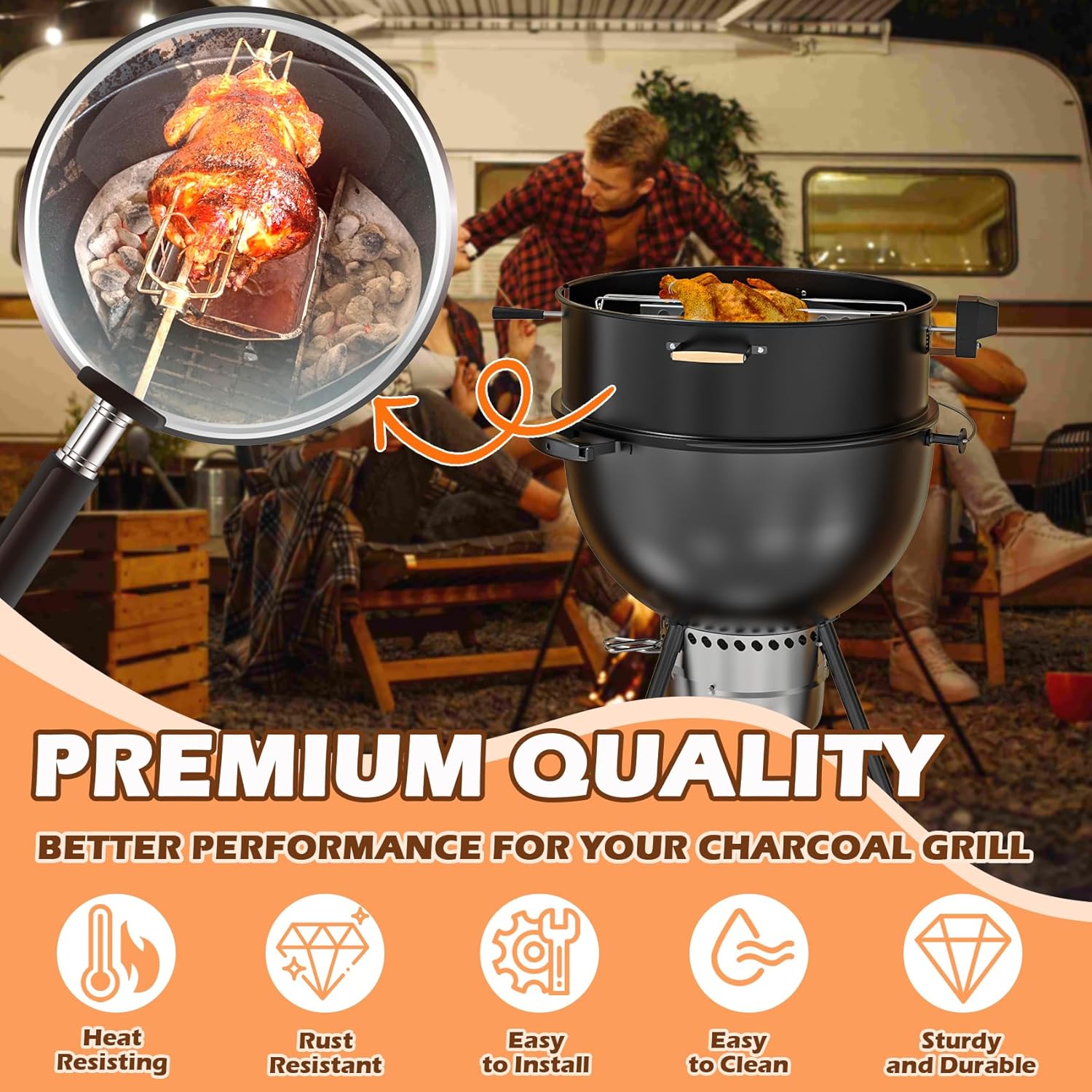 Upgraded Rotisserie Kit for Weber 22 inch Kettle Charcoal Grills Accessories, Rotisserie Grill Kit for Weber & Other Similar Size Grills, with Handles, Charcoal Baskets,10 Pcs Drip Pans, Black