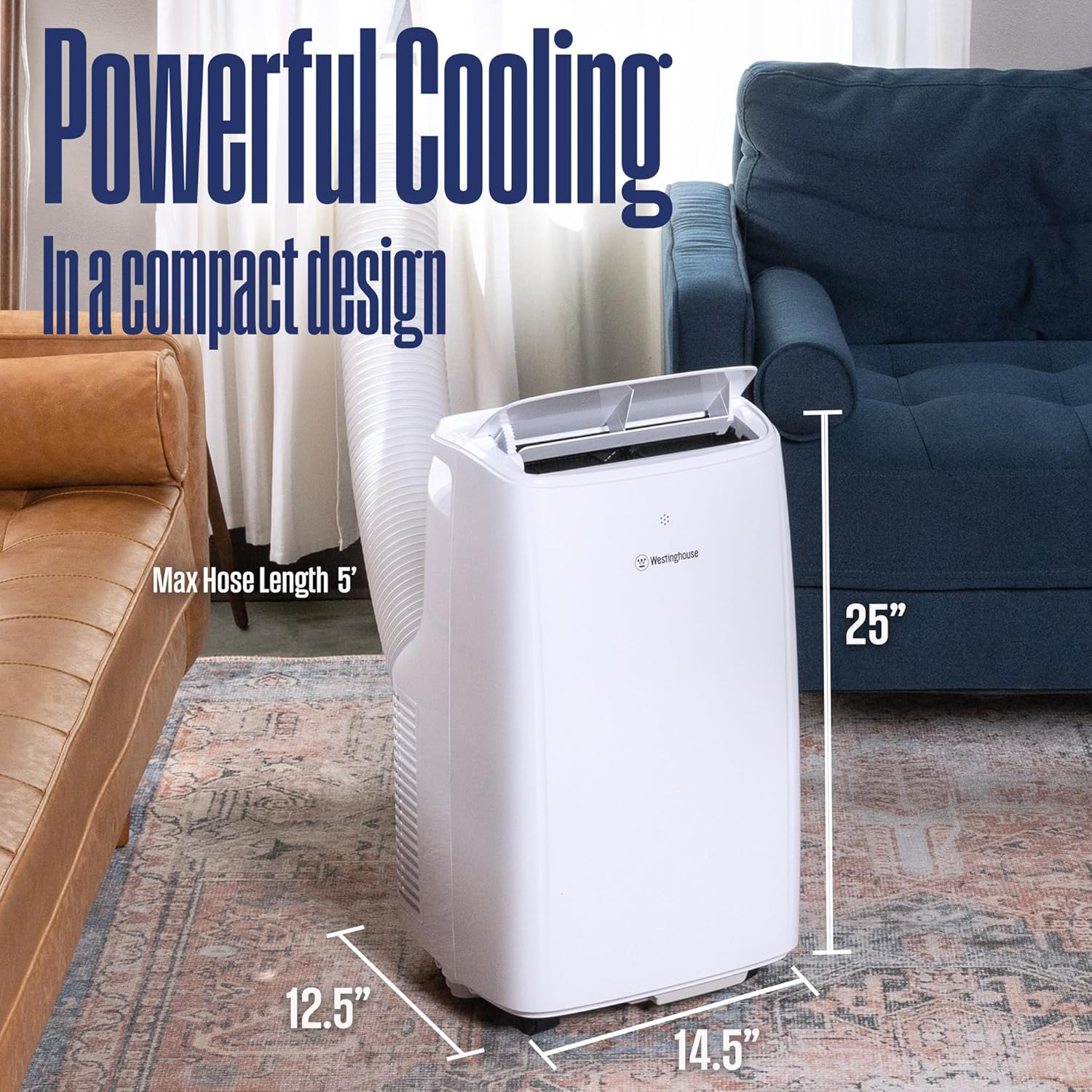 Westinghouse 12,000 BTU Air Conditioner Portable For Rooms Up To 550 Square Feet, Portable AC with Home Dehumidifier, Smart App, 3-Speed Fan, Programmable Timer, Remote Control, Window Kit,White