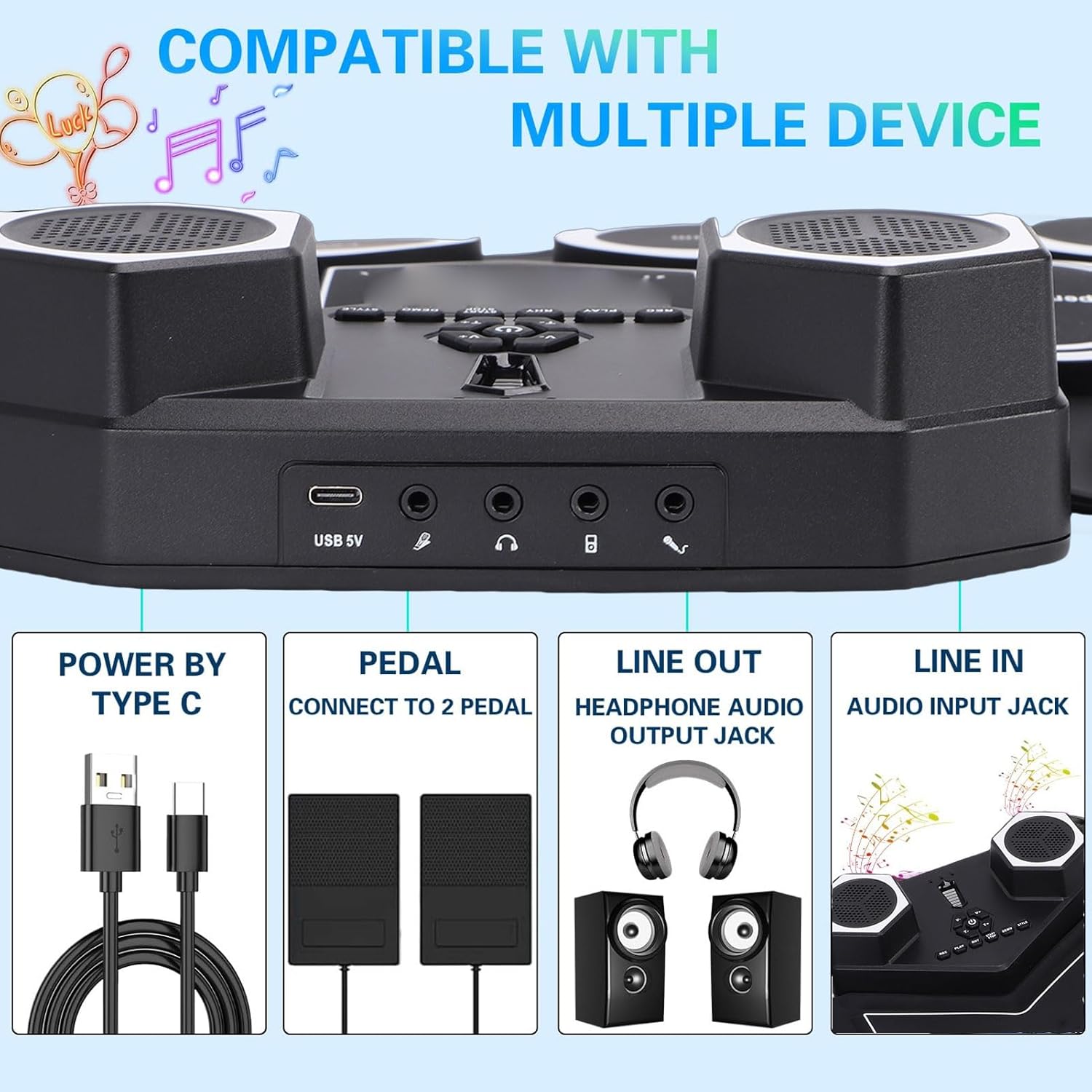 Jiawu Electronic Drum Set, 8 Drum Practice Pads, Electric Roll Up Drums Pad Built in Speaker, Portable Druming Machine with Pedals and Sticks, Rechargeable Instrument for Beginner