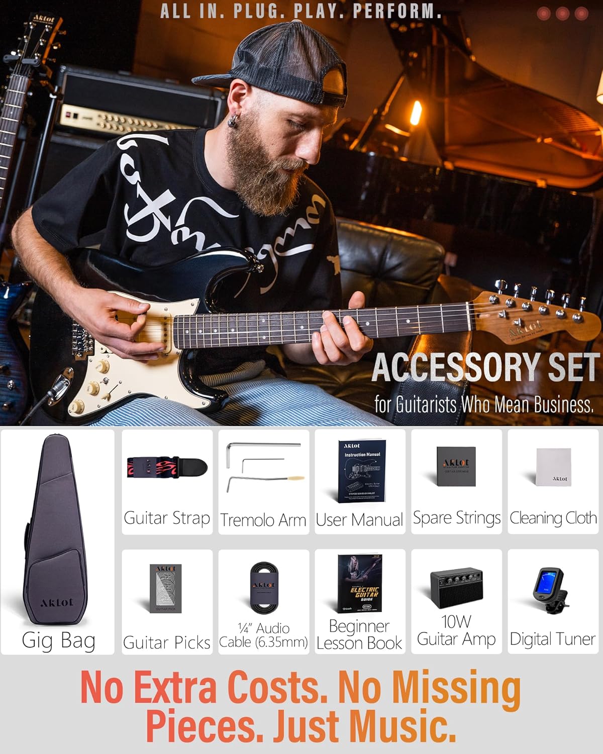 AKLOT Beginner Electric Guitar Kit: 10W Amp, Coil-Split HSS Pickups, Roasted Maple Neck, Gig Bag, Lesson Book, Tuner, Strap, Picks, Stryde Phantom Black