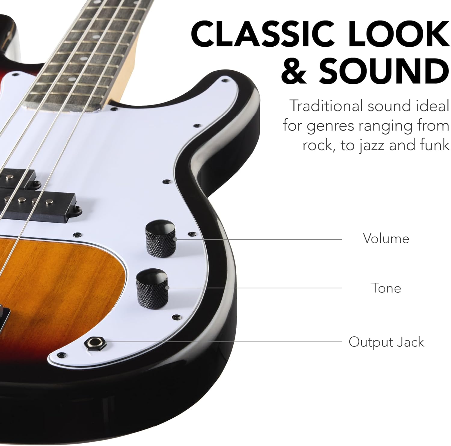 Best Choice Products Full Size Beginner 4-String Electric Bass Guitar, Wooden PB-Style Bass Starter Set w/Padded Carrying Case - Sunburst/White