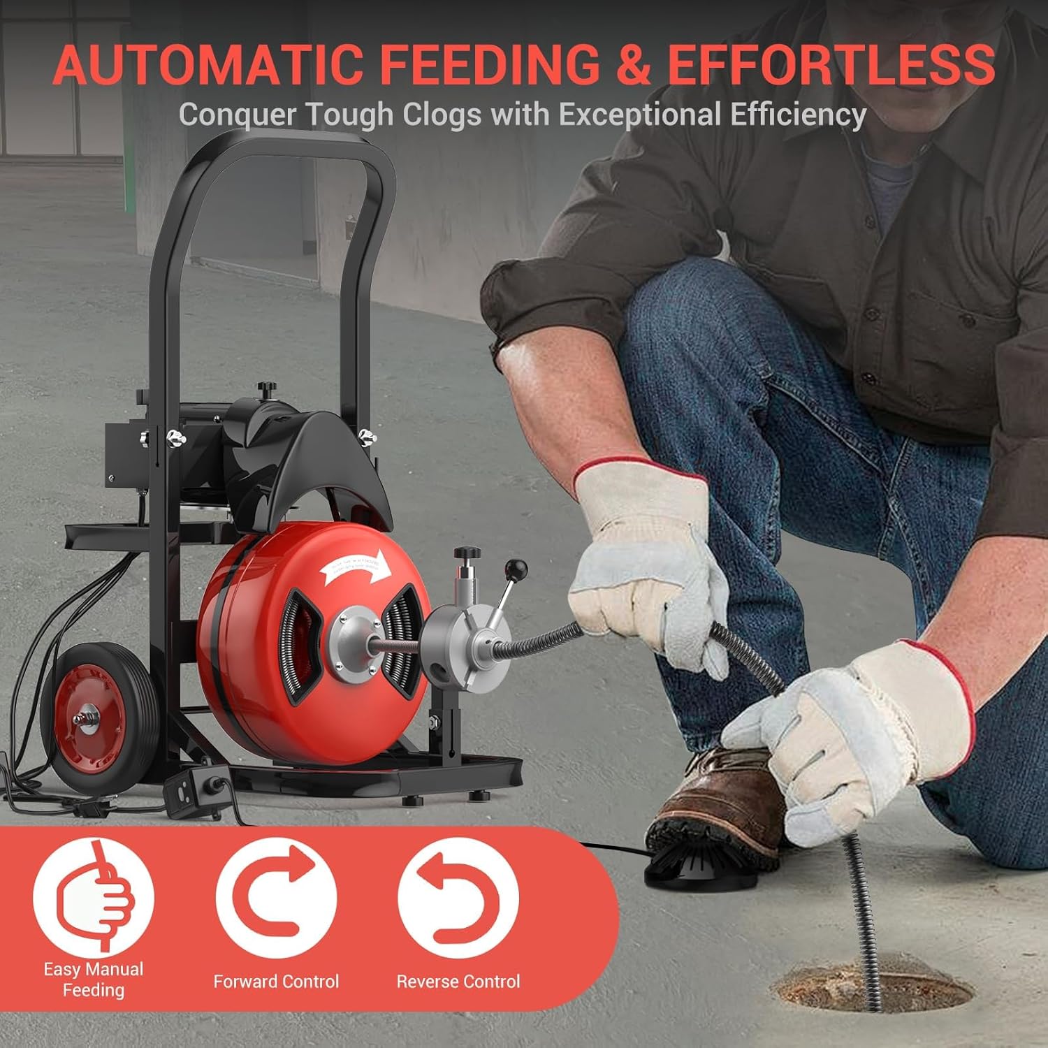 100Ft 1/2 Inch Cable Drain Cleaning Machine, 450W Auto Feed Portable Electric Sewer Snake, Electric Drain Auger with 4 Cutter Air-Activated Foot Switch for 2