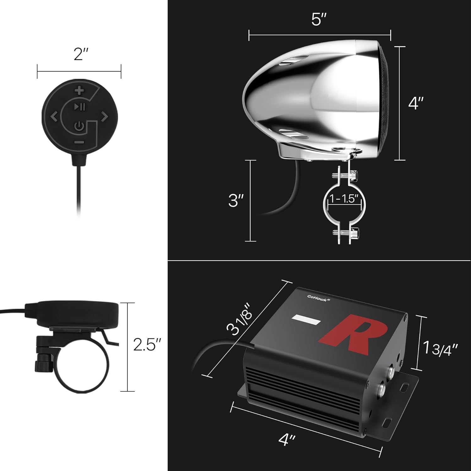 GoHawk Bluetooth Motorcycle Speakers and Amplifier Audio Sound System, 4 Inch Weatherproof Speakers, Volume Control, FM Radio, Perfect for Motorcycles/ATVs