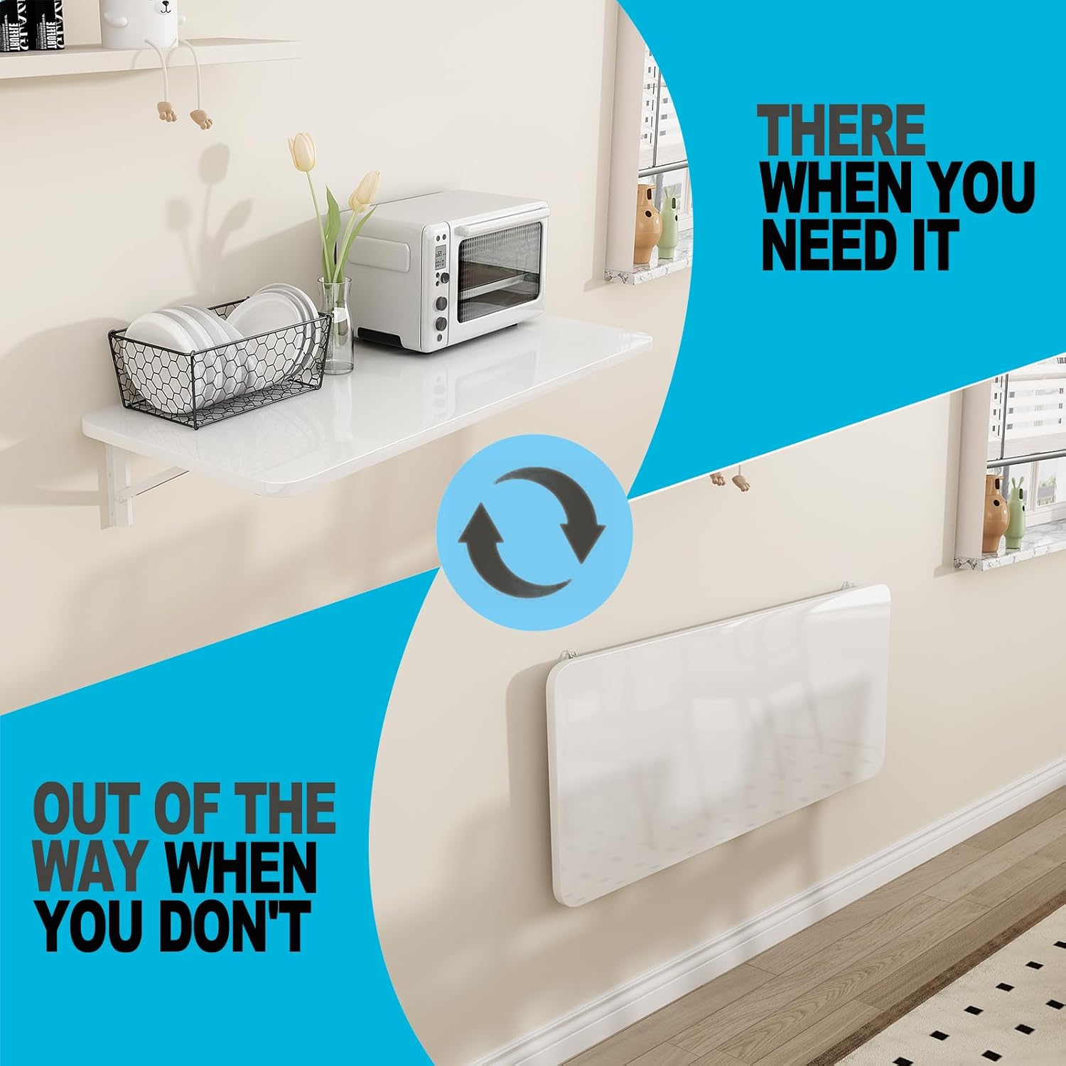 Wall Mounted Folding Table for Laundry Room Piano Baking Paint Waterproof, Wall Mount Table Fold Down Multi Size, Foldable Desk for Kitchens、Handicraft Production、Bars、Sewing Station（White）