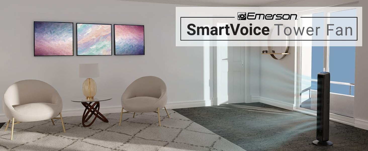 Emerson SmartVoice 42” Bladeless Tower Fan, Offline 40+ Voice Control Commands, No APP, No WIFI, No Setup, 70° Oscillating, 3 Speeds, 15-Hr Timer, Sleep Mode, Remote Control (SmartVoice 42