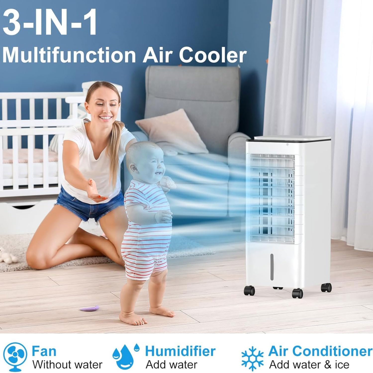 Portable Air Conditioners 3-IN-1 Evaporative Air Cooler with Remote 9LTank 4 Ice Packs 3 Speeds 15H Timer for Smart Auto-off Portable AC Oscillation Swamp Cooler for Bedroom Home Office