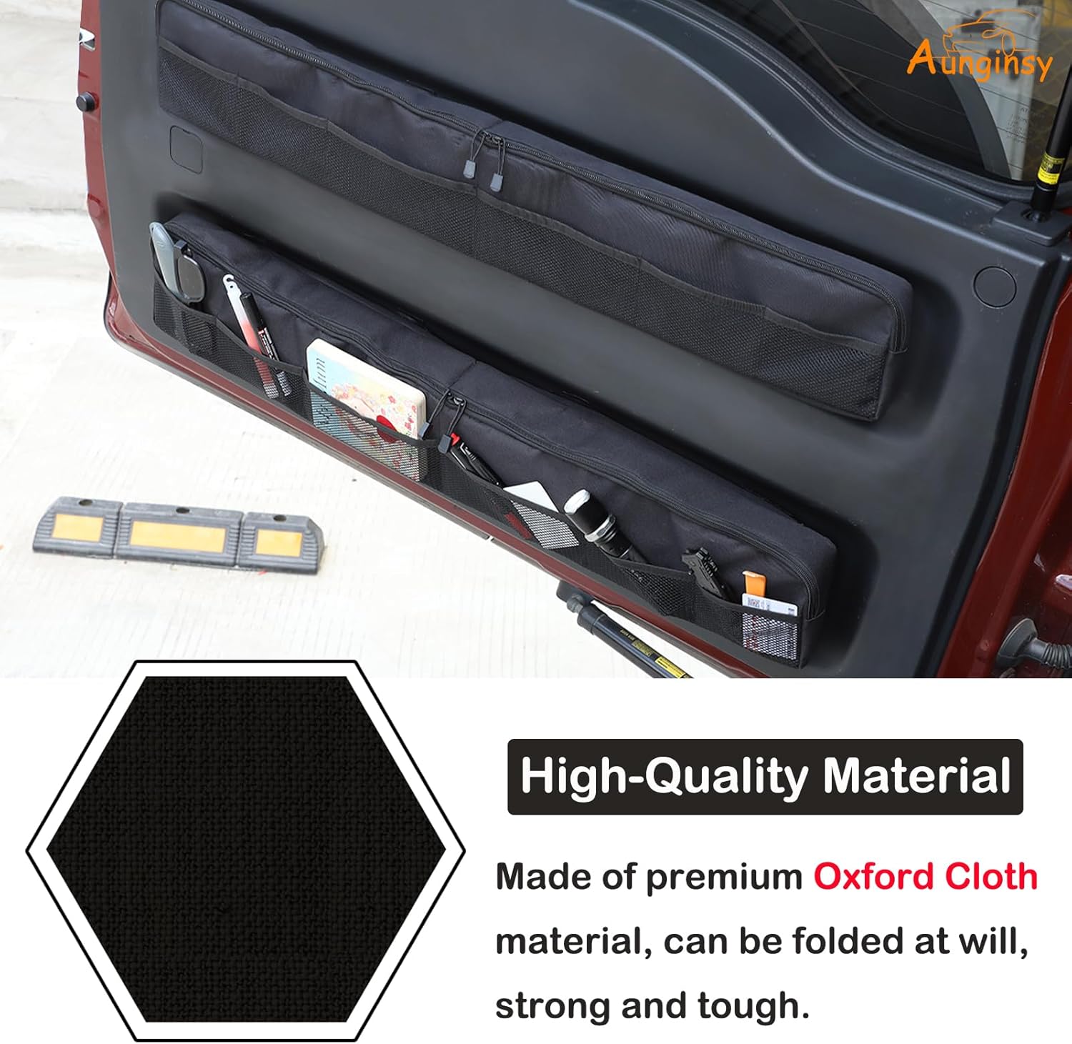 Aunginsy 2Pcs Trunk Organizer Compatible with Toyota FJ Cruiser 2007-2024+, Rear Tailgate Storage Bag Organizer Back Door Panel Storage Pockets Box Multi-Compartment Oxford Cloth Expansion Accessories