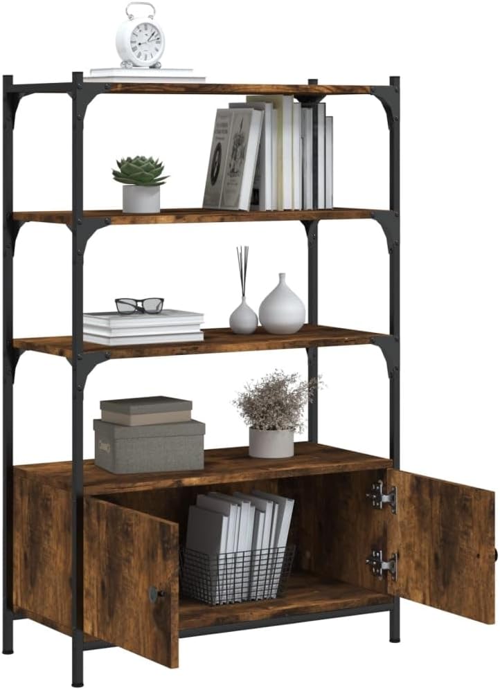 3-Tier Bookcase, Smoked Oak Engineered Wood, Metal Frame, 11.8x27.6x43.1 Inch, Adjustable Shelves, Industrial Display Cabinet for Living Room, Office Storage
