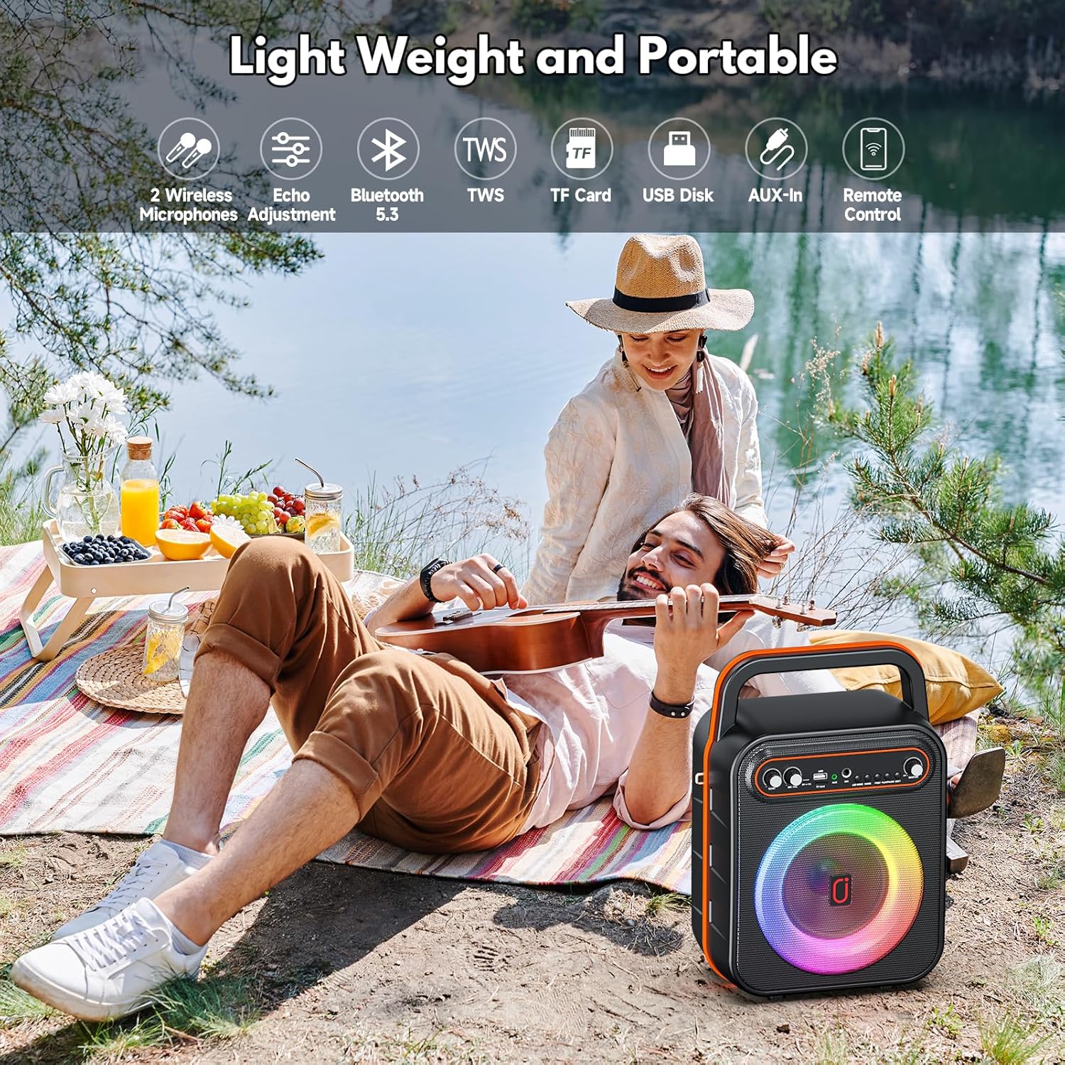 JYX Karaoke Machine for Adults & Kids, Portable Bluetooth Speaker with 2 Wireless Microphones, PA System Treble & Bass with LED Lights, Supports USB/AUX/TF/FM/REC for Home Party Outdoors