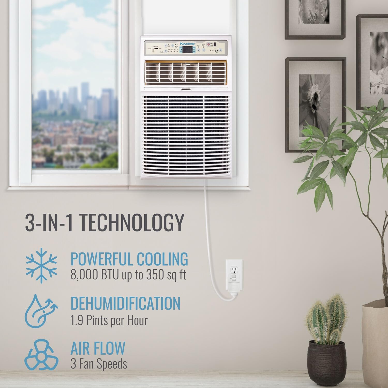 Keystone 8,000 BTU Slider Window Air Conditioner and Dehumidifier, 115V Air Conditioner Window Unit for Bedroom, Living Room, and Small-Medium Sized Rooms up to 350 Sq.Ft., 4-Way Air Direction Control