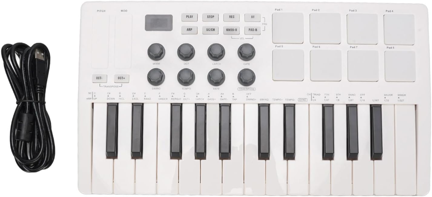 ZJchao 25 Key Portable MIDI Keyboard Controller with 8 Backlit Drum Pads for Music Production ABS Silicone Black