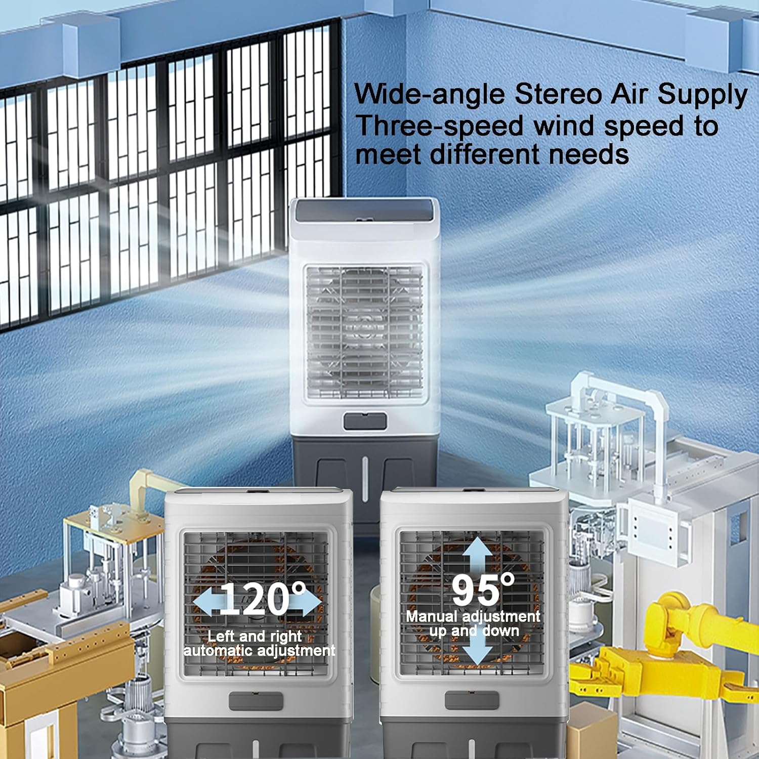 Water Cooler Fan Portable Evaporative Air Cooler, 3 Speeds Air Conditioner, 4 Ice Packs & 50L Water Tank, for Room, Factory & Office