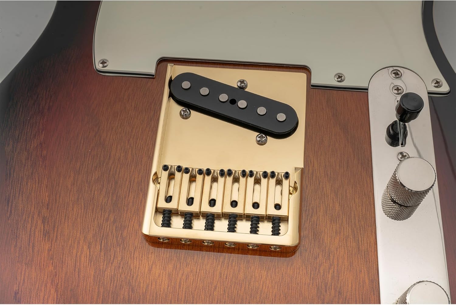 Musiclily Ultra 2-1/8 inch Brass Heavy Duty Asymmetric Telecaster Bridge for Tele Style Electric Guitar, Gold