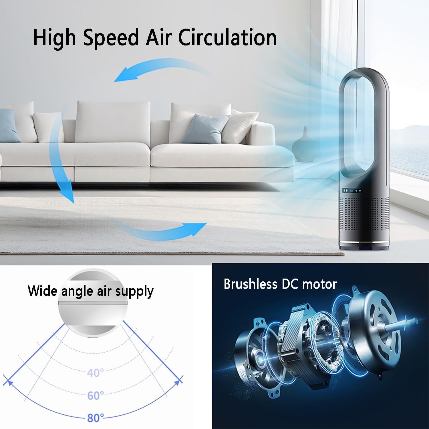 Bladeless Tower Fan, Quiet Floor Fan, Air Circulator with Remote, Office Fan, 80cm oscillating Fan, Accelerated air Circulation. Suitable for a Wide Range of scenarios(Silver)