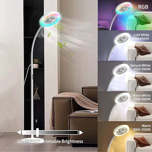 Pedestal Fan for Bedroom, Floor Lamp with Fan RGB 18w/1500lm, 3-Speed Stand Fan Stepless Adjustable 3000K-6000K Color and Dimmer, Remote and Button Control, Adjustable Gooseneck Gloor Lamp