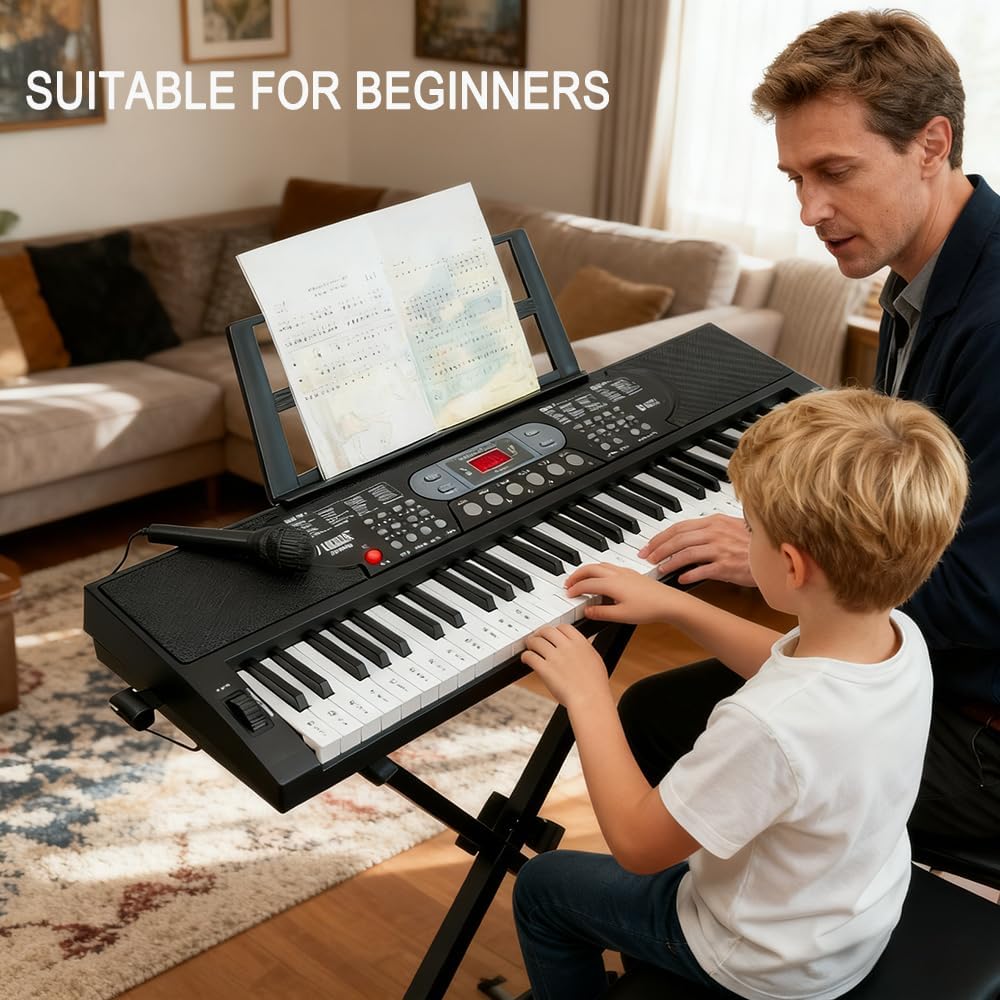 61 Key Keyboard Piano with Lighted Up Compact Keyboard Beginners to Pros, Portable Digital Music Keyboard with Microphone & Built-In Speakers